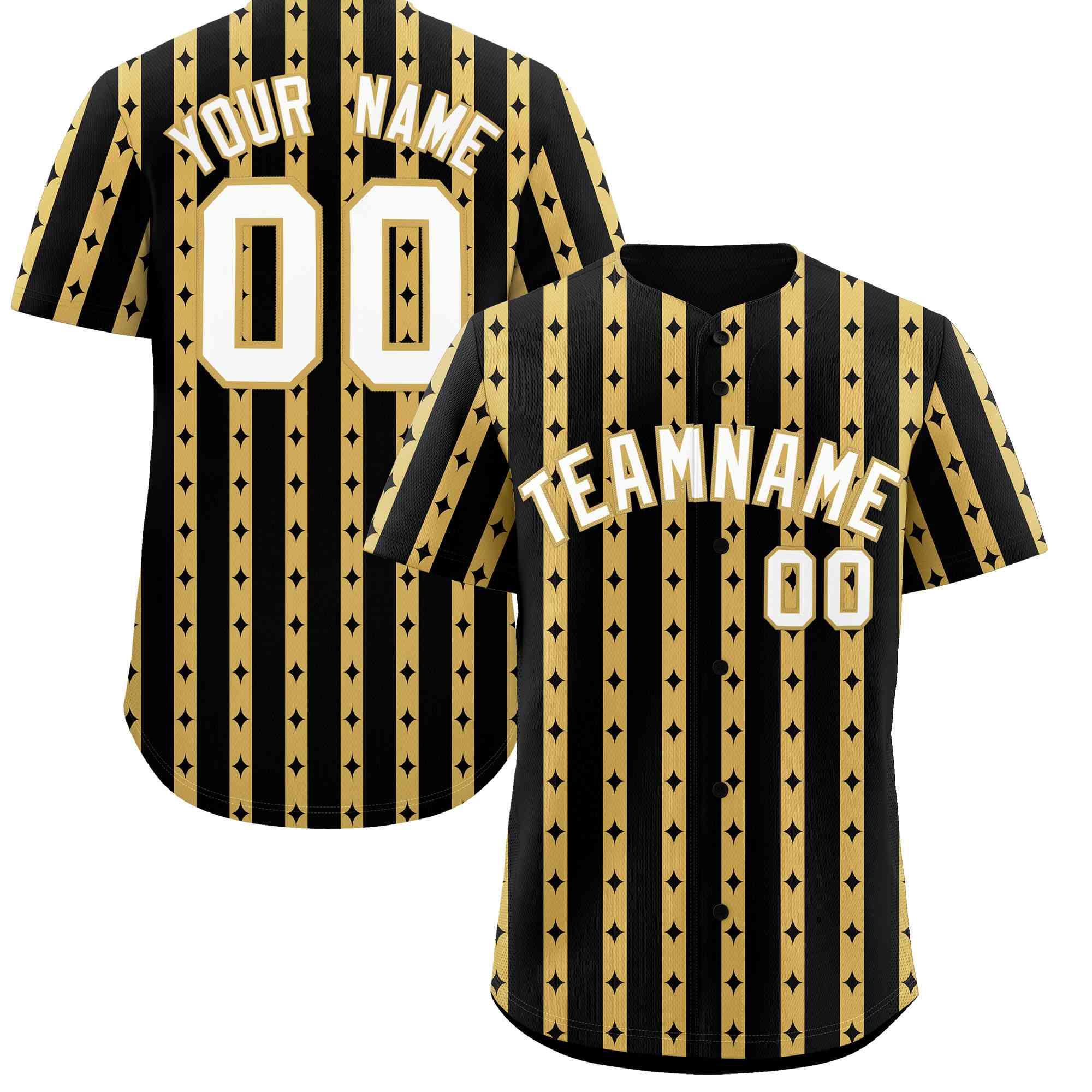 Custom Black Old Gold Star Pattern Thick Stripes Baseball Jersey