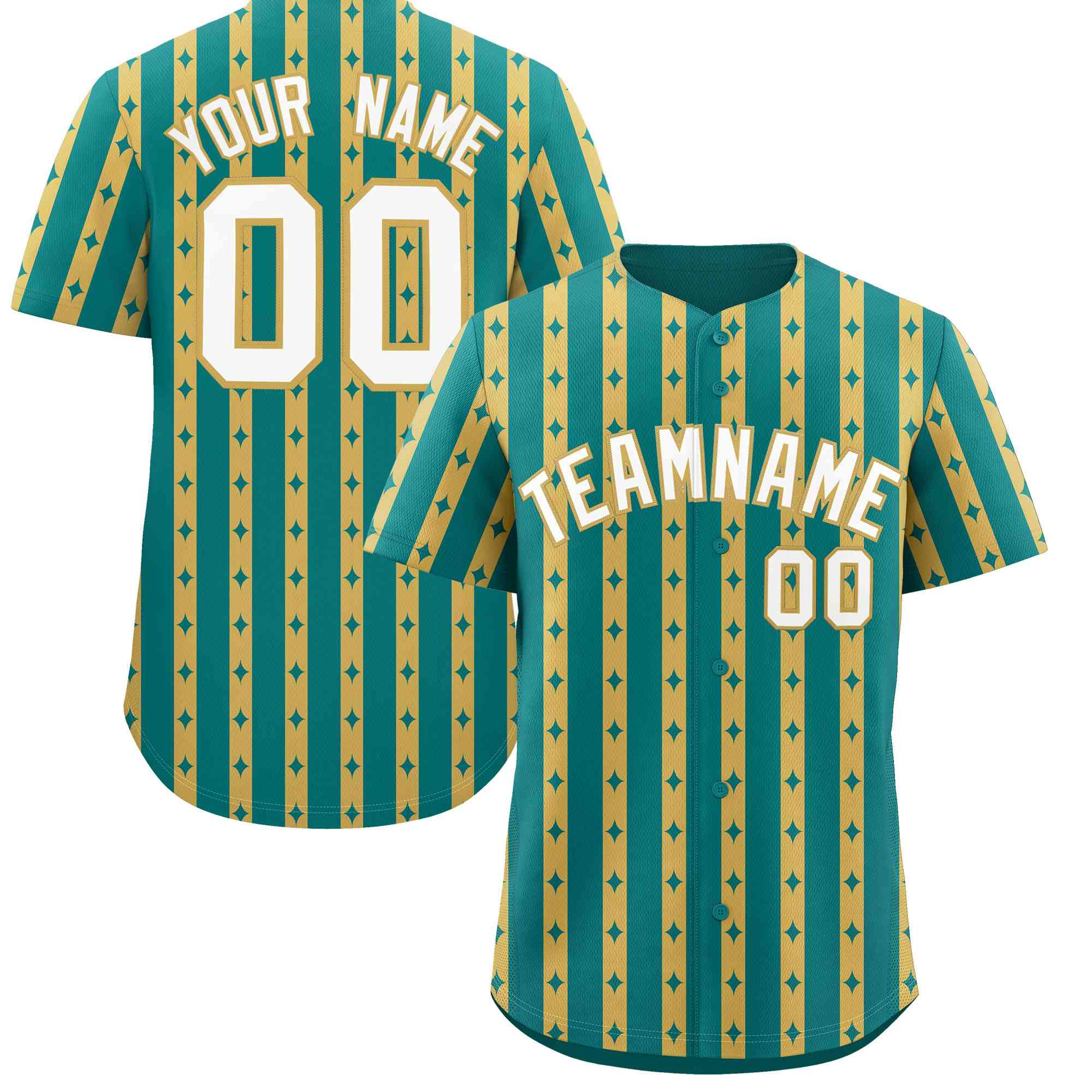 Custom Teal Old Gold Star Pattern Thick Stripes Baseball Jersey