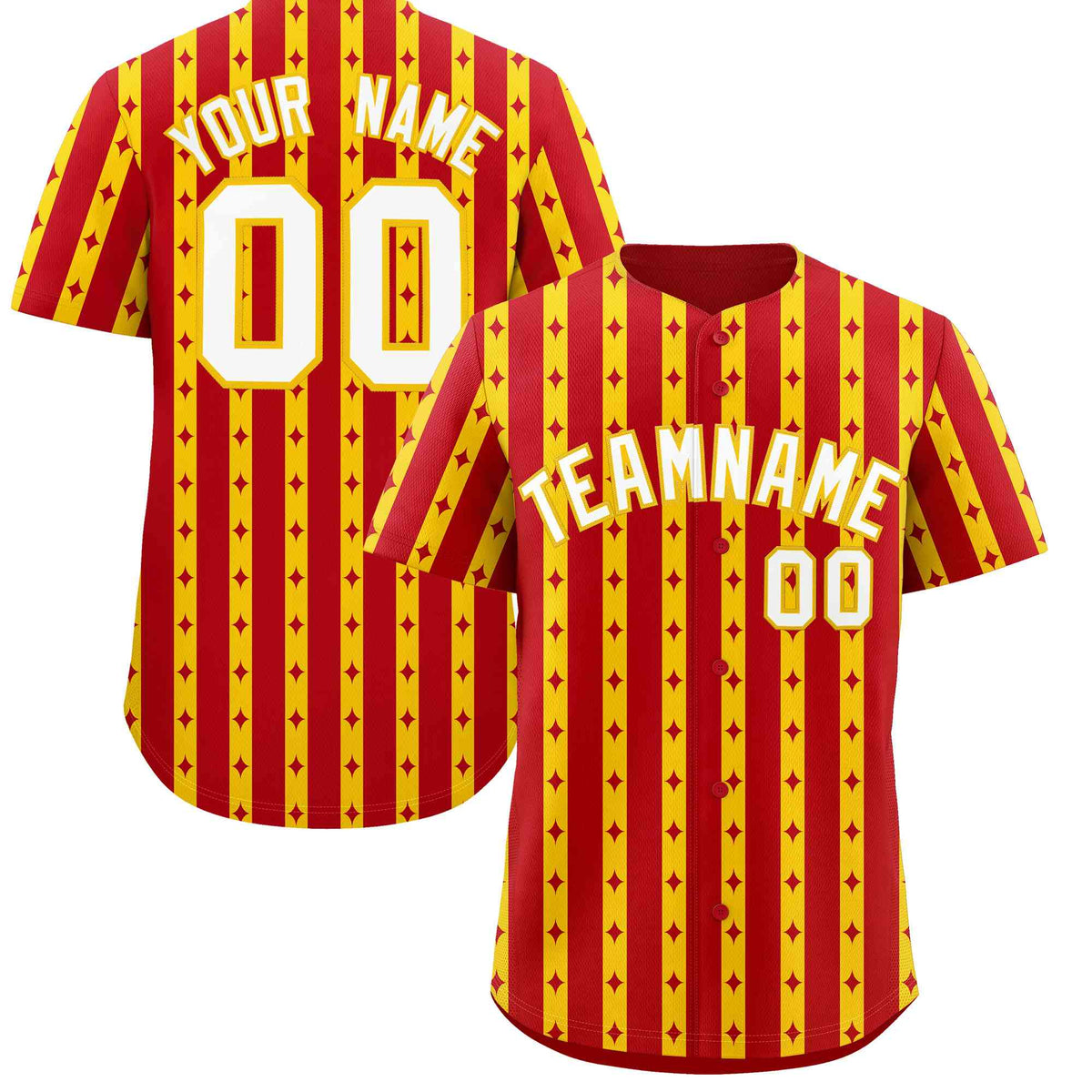 Custom Red Gold Star Pattern Thick Stripes Baseball Jersey