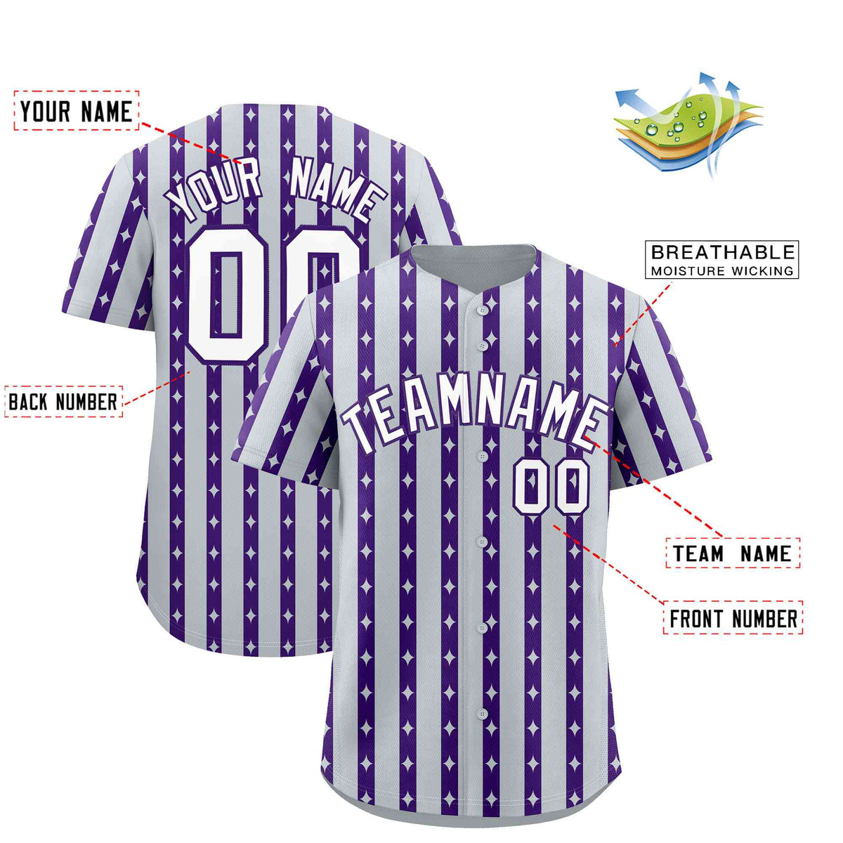 Custom Silver Purple Star Pattern Thick Stripes Baseball Jersey