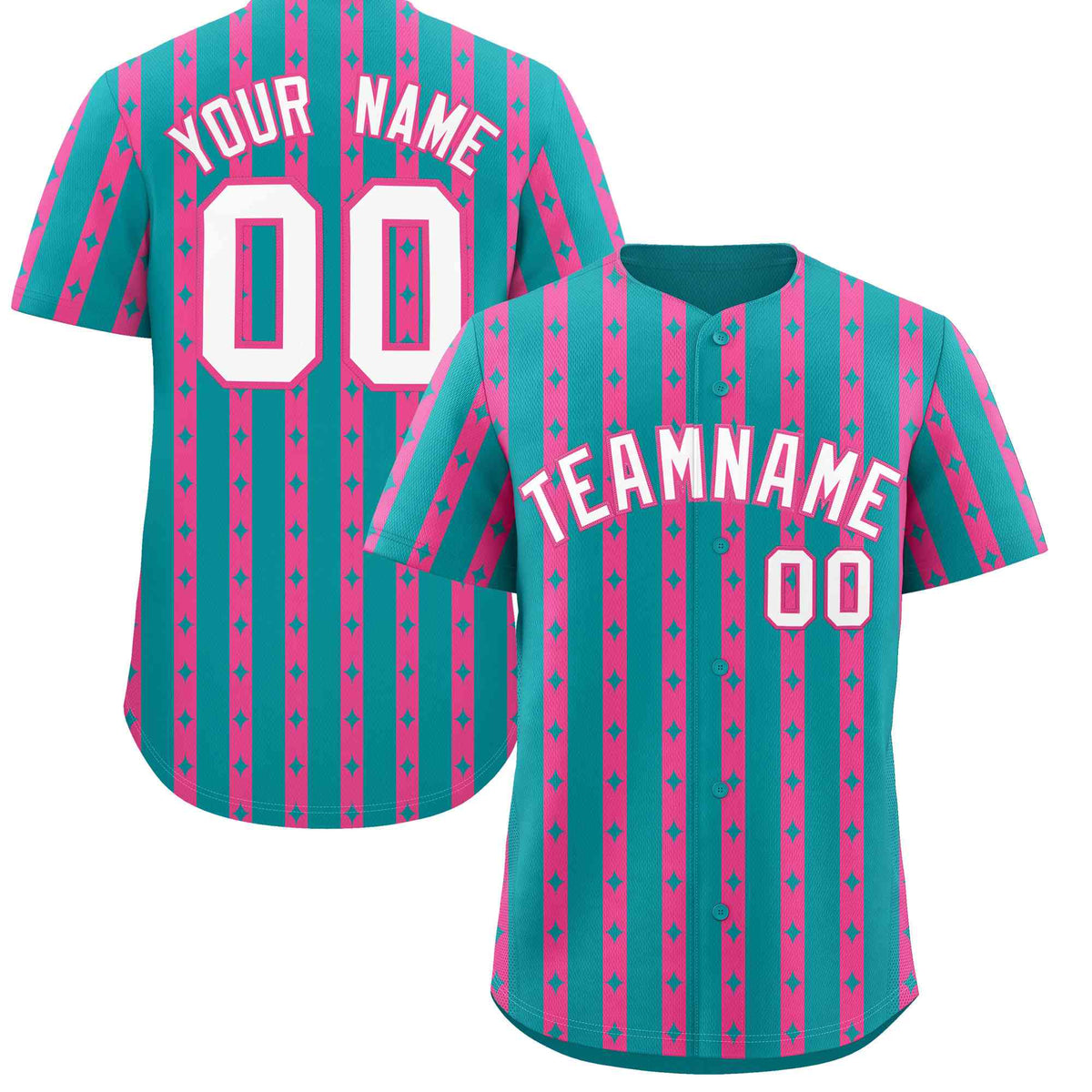 Custom Aqua Pink Star Pattern Thick Stripes Baseball Jersey