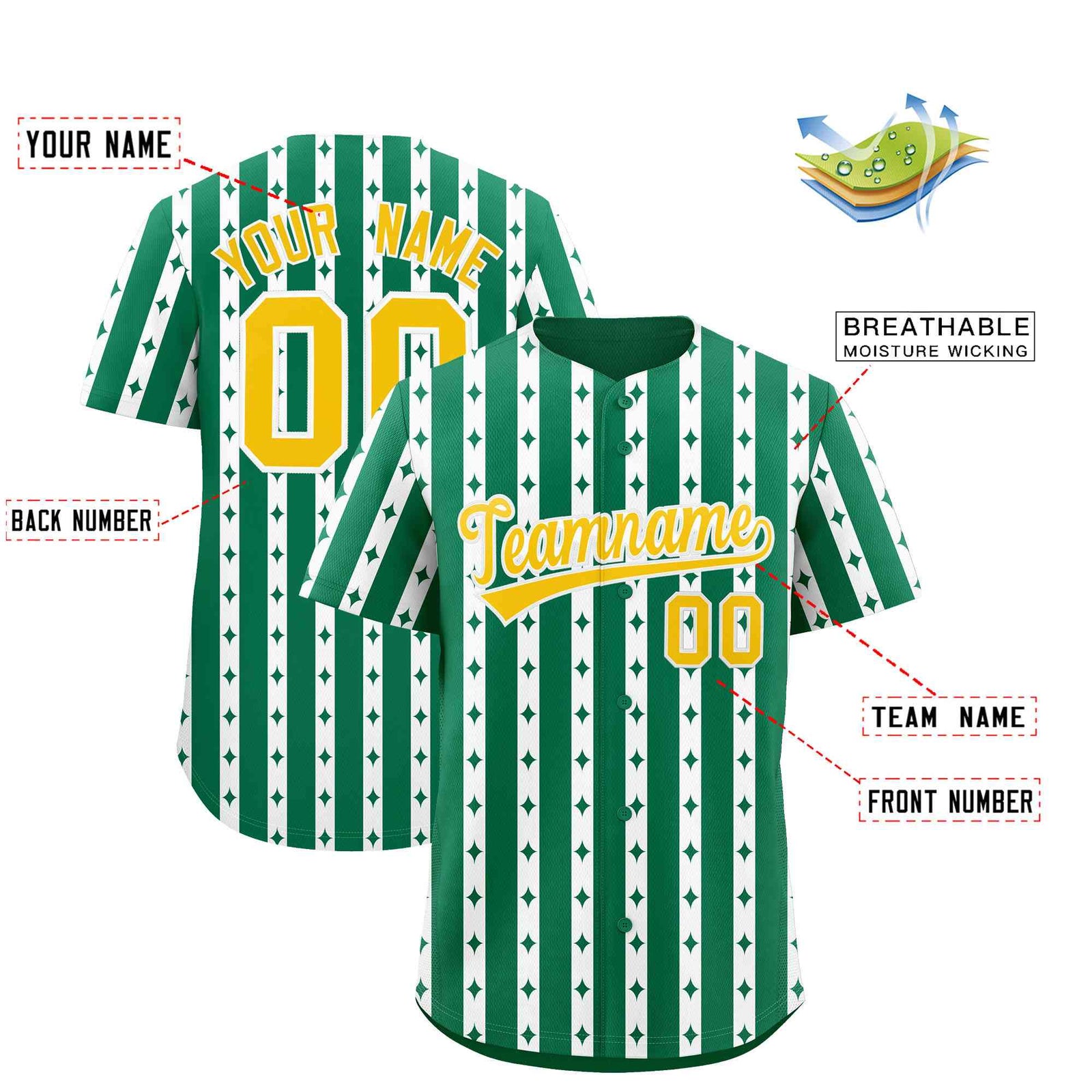 Custom Kelly Green White Star Pattern Thick Stripes Baseball Jersey| KXKSHOP