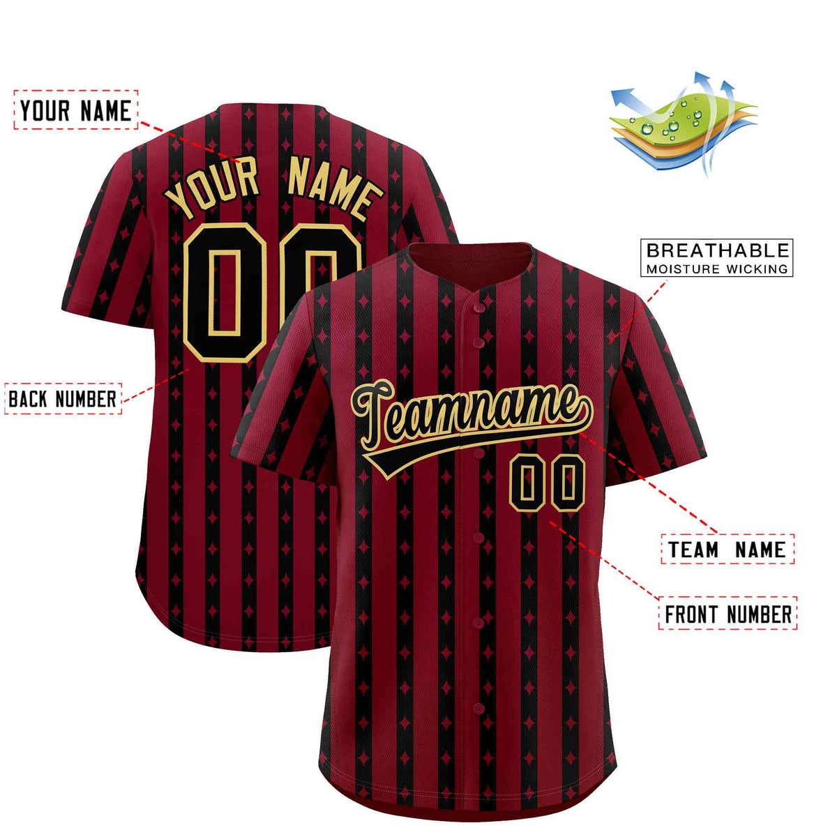 Custom Crimson Black Star Pattern Thick Stripes Baseball Jersey| KXKSHOP
