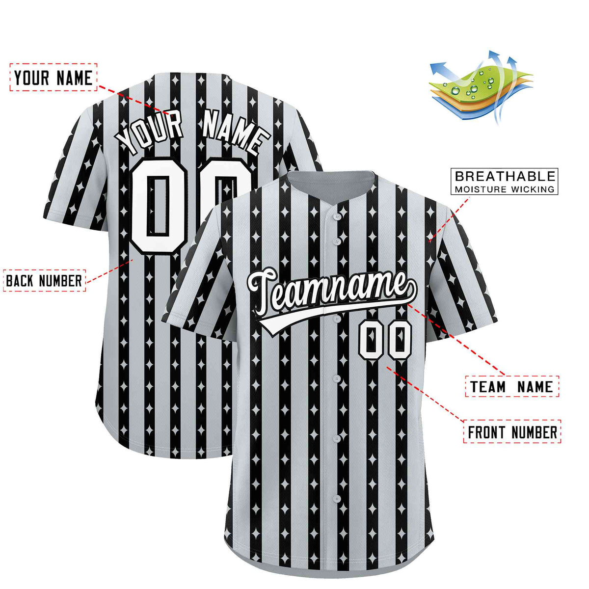 Custom Silver Black Star Pattern Thick Stripes Baseball Jersey| KXKSHOP