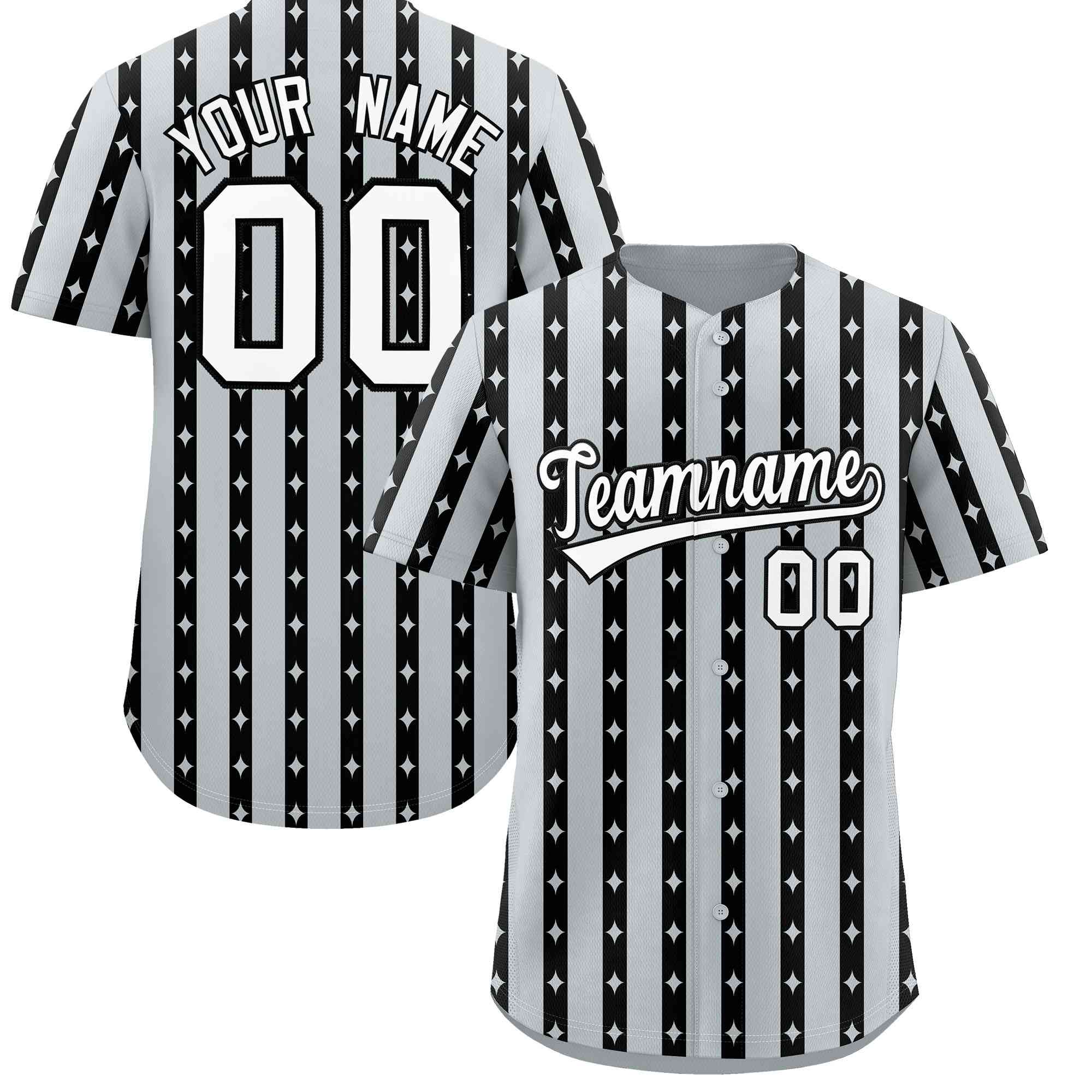 Custom Silver Black Star Pattern Thick Stripes Baseball Jersey| KXKSHOP