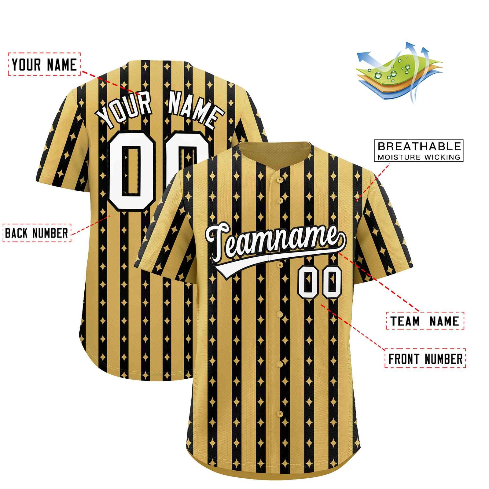 Custom Old Gold Black Star Pattern Thick Stripes Baseball Jersey| KXKSHOP