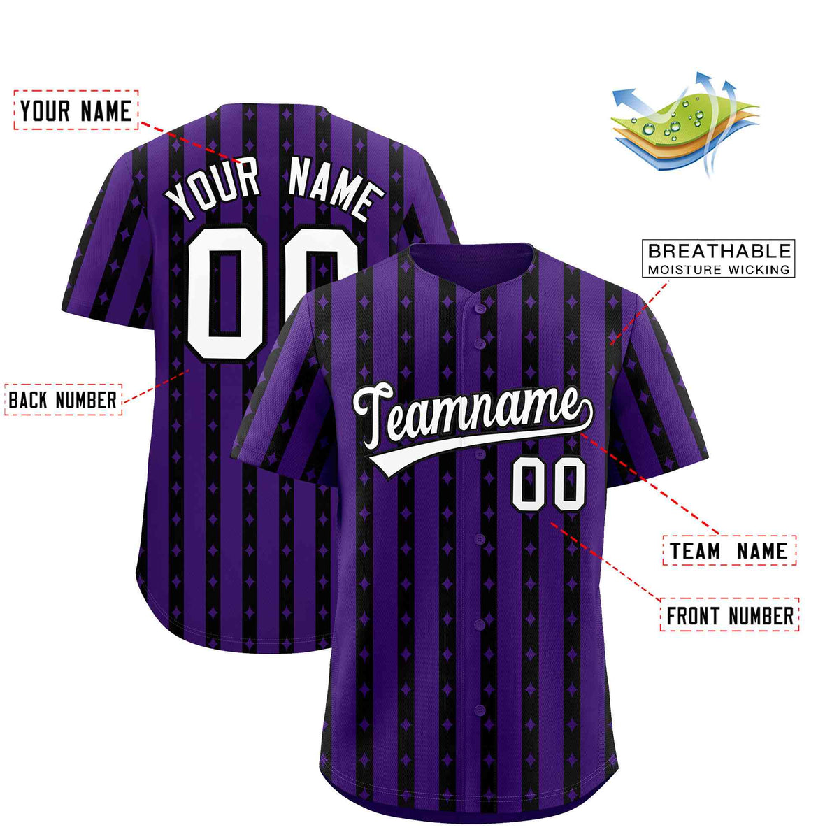 Custom Purple Black Star Pattern Thick Stripes Baseball Jersey| KXKSHOP