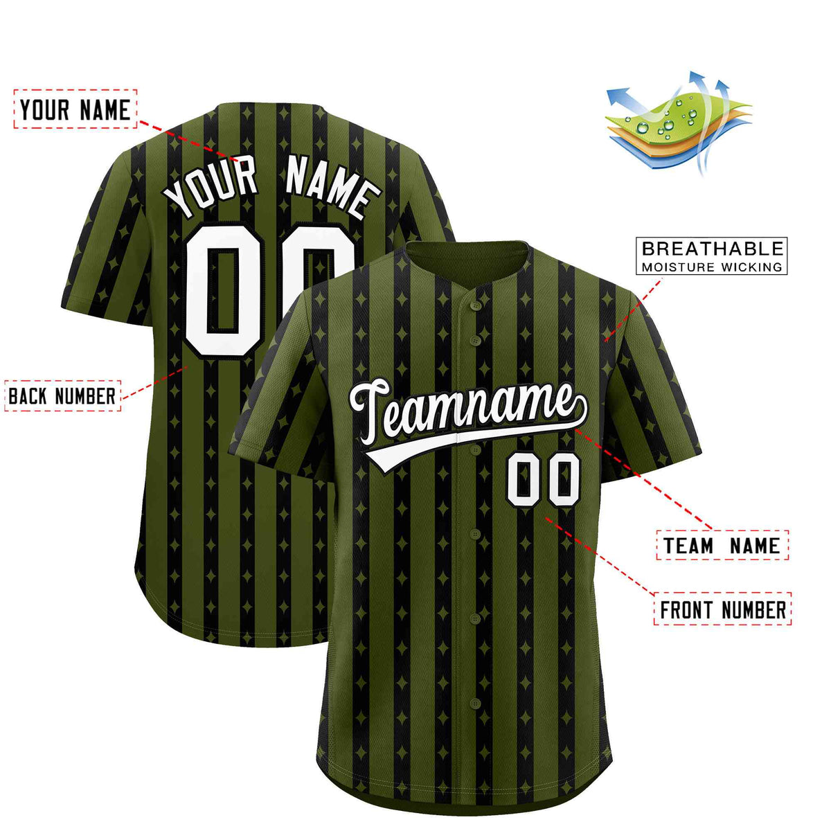 Custom Olive Black Star Pattern Thick Stripes Baseball Jersey| KXKSHOP