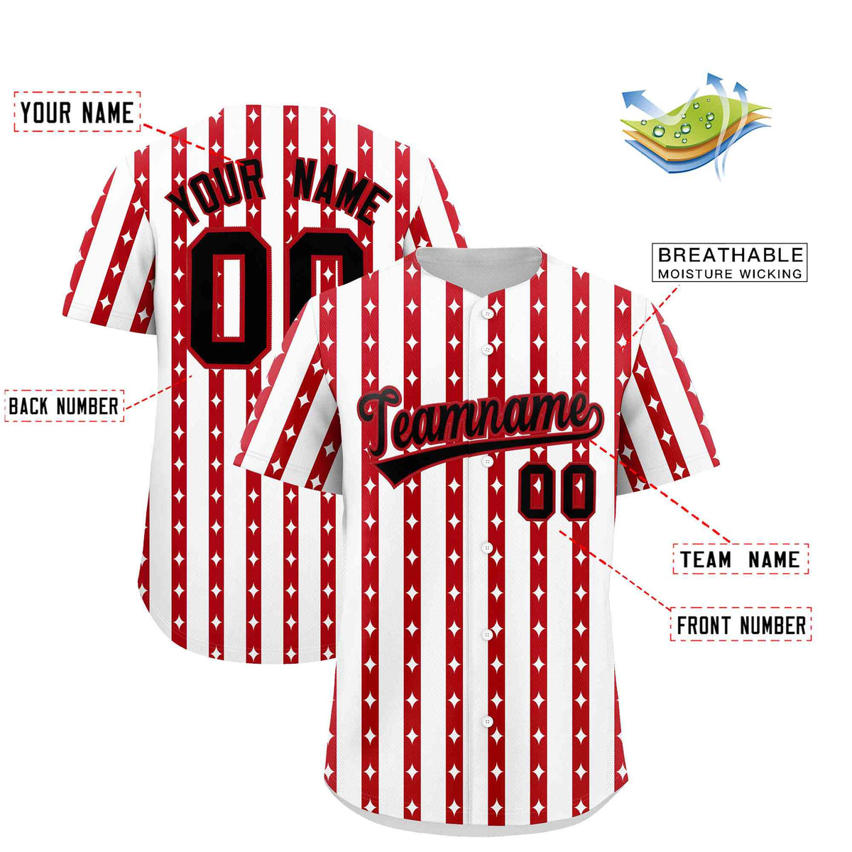 Custom White Red Star Pattern Thick Stripes Baseball Jersey| KXKSHOP