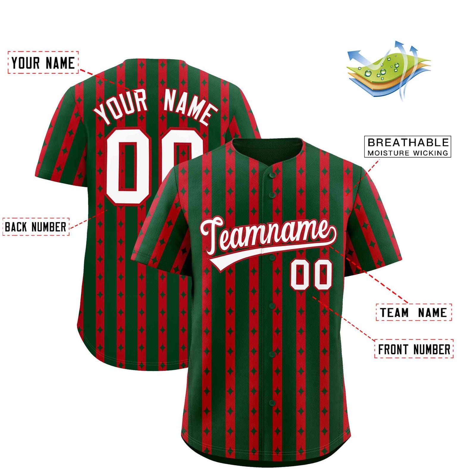 Custom Green Red Star Pattern Thick Stripes Baseball Jersey| KXKSHOP