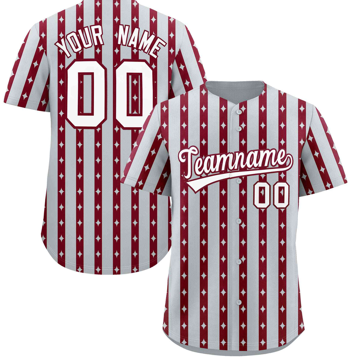 Custom Silver Crimson Star Pattern Thick Stripes Baseball Jersey| KXKSHOP