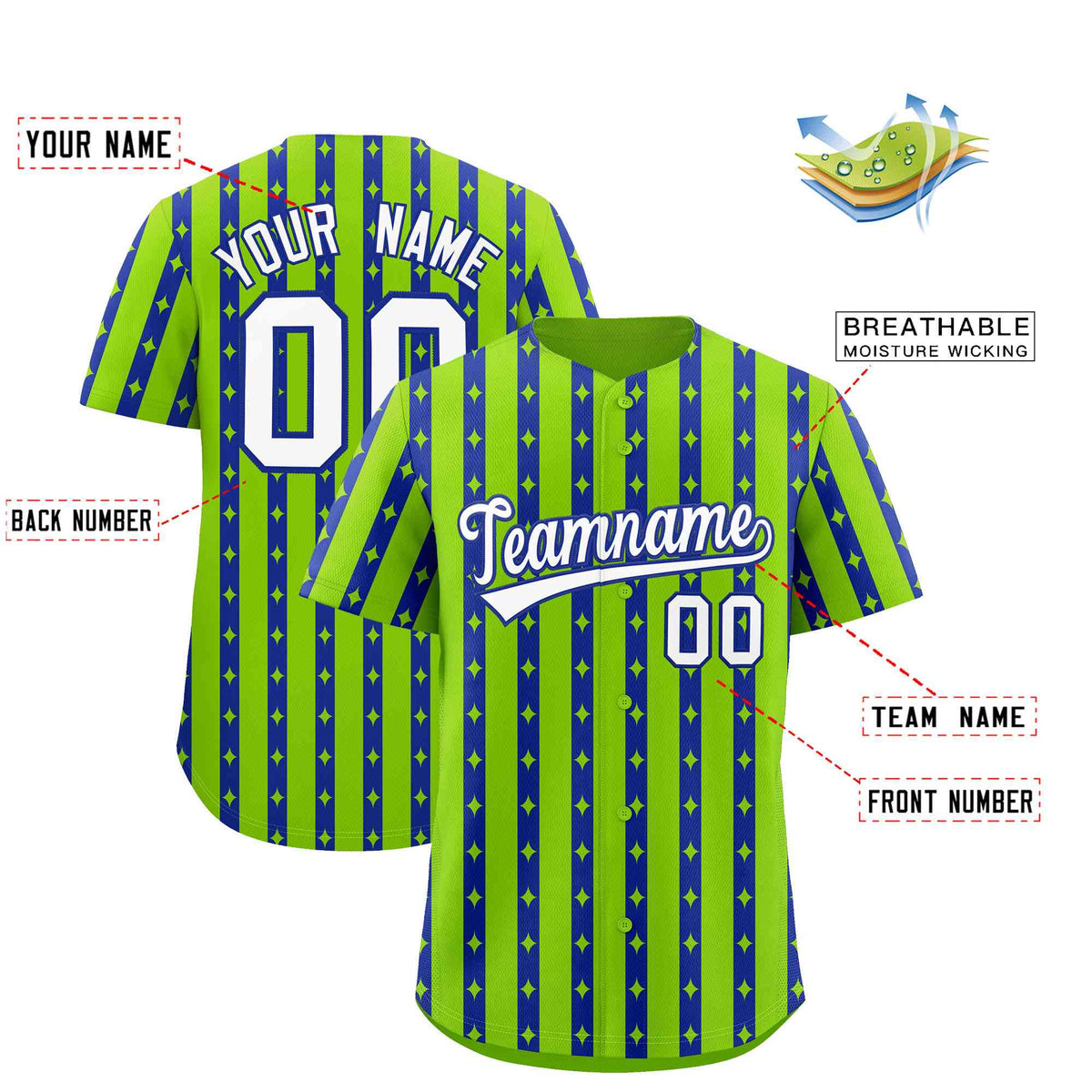 Custom Neon Green Royal Blue Star Pattern Thick Stripes Baseball Jersey| KXKSHOP