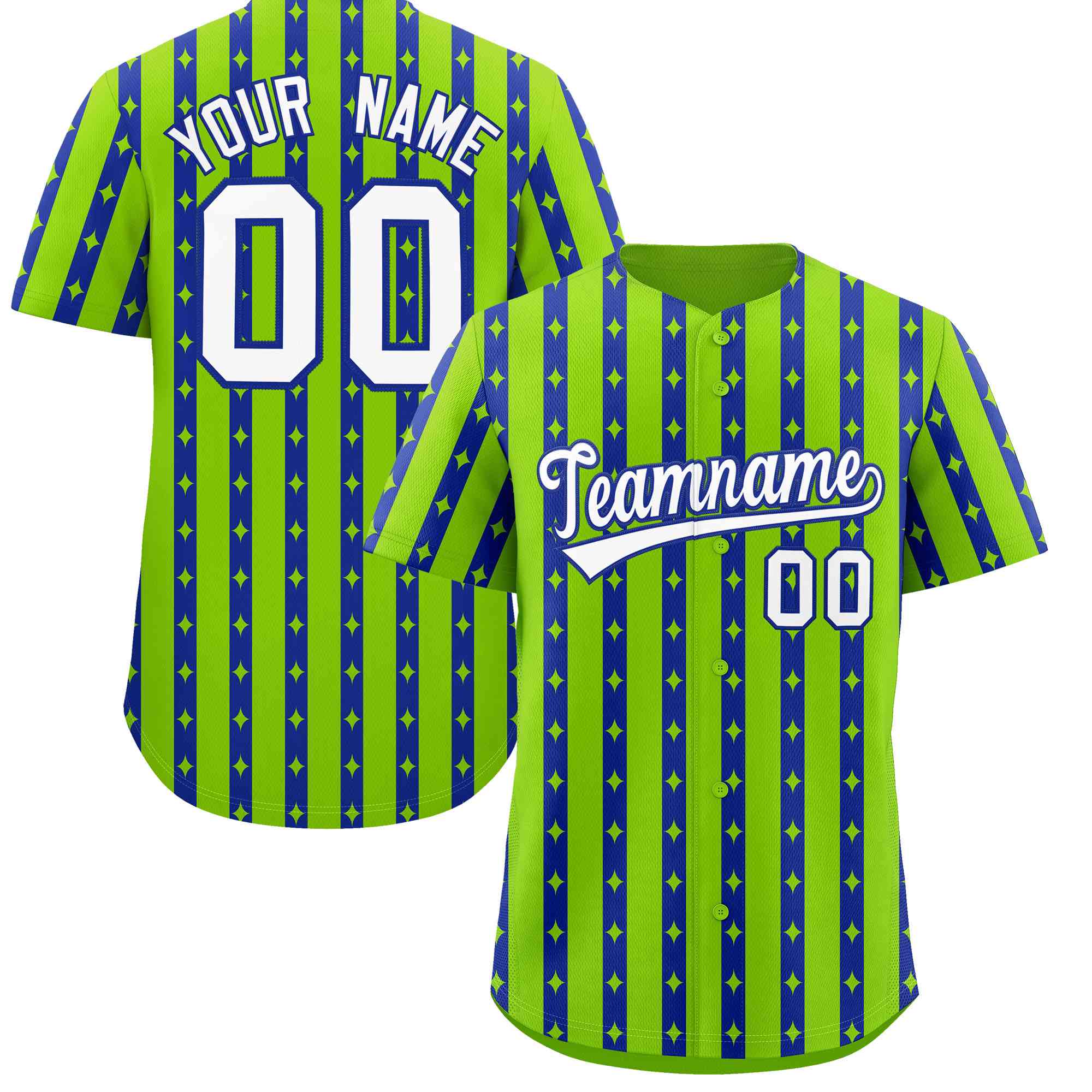 Custom Neon Green Royal Blue Star Pattern Thick Stripes Baseball Jersey| KXKSHOP