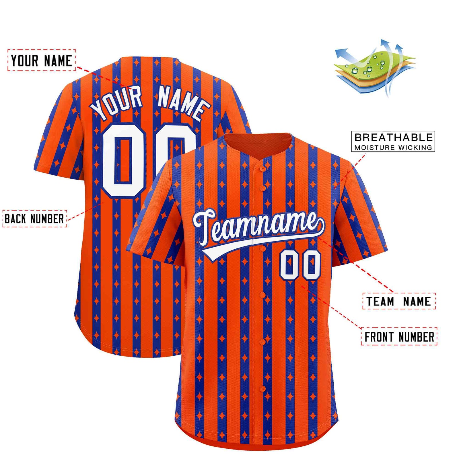 Custom Orange Royal Blue Star Pattern Thick Stripes Baseball Jersey| KXKSHOP