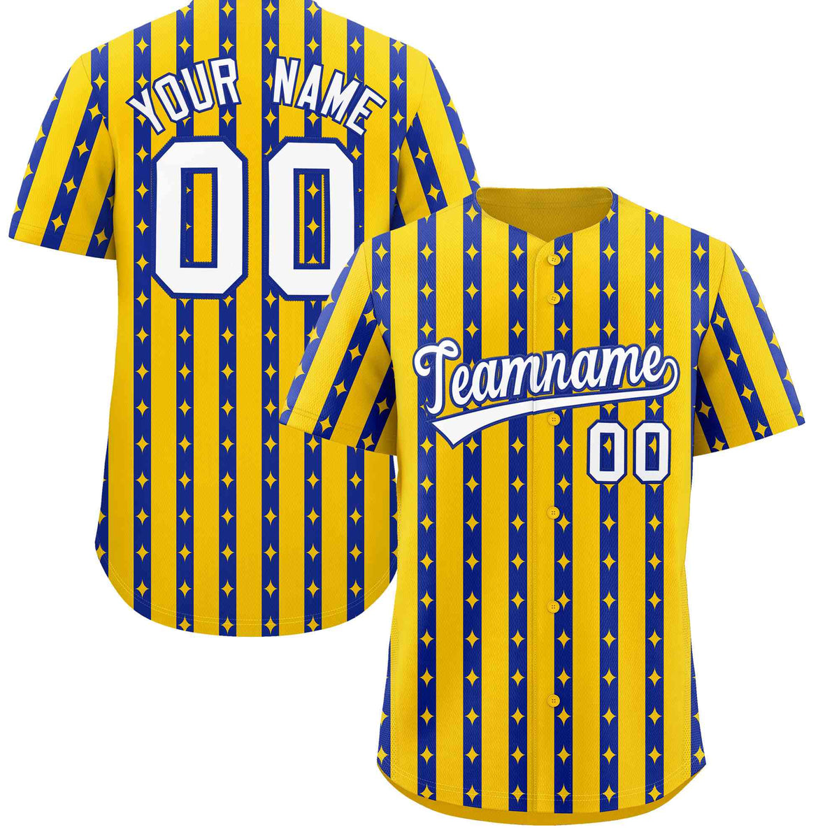 Custom Gold Royal Blue Star Pattern Thick Stripes Baseball Jersey| KXKSHOP