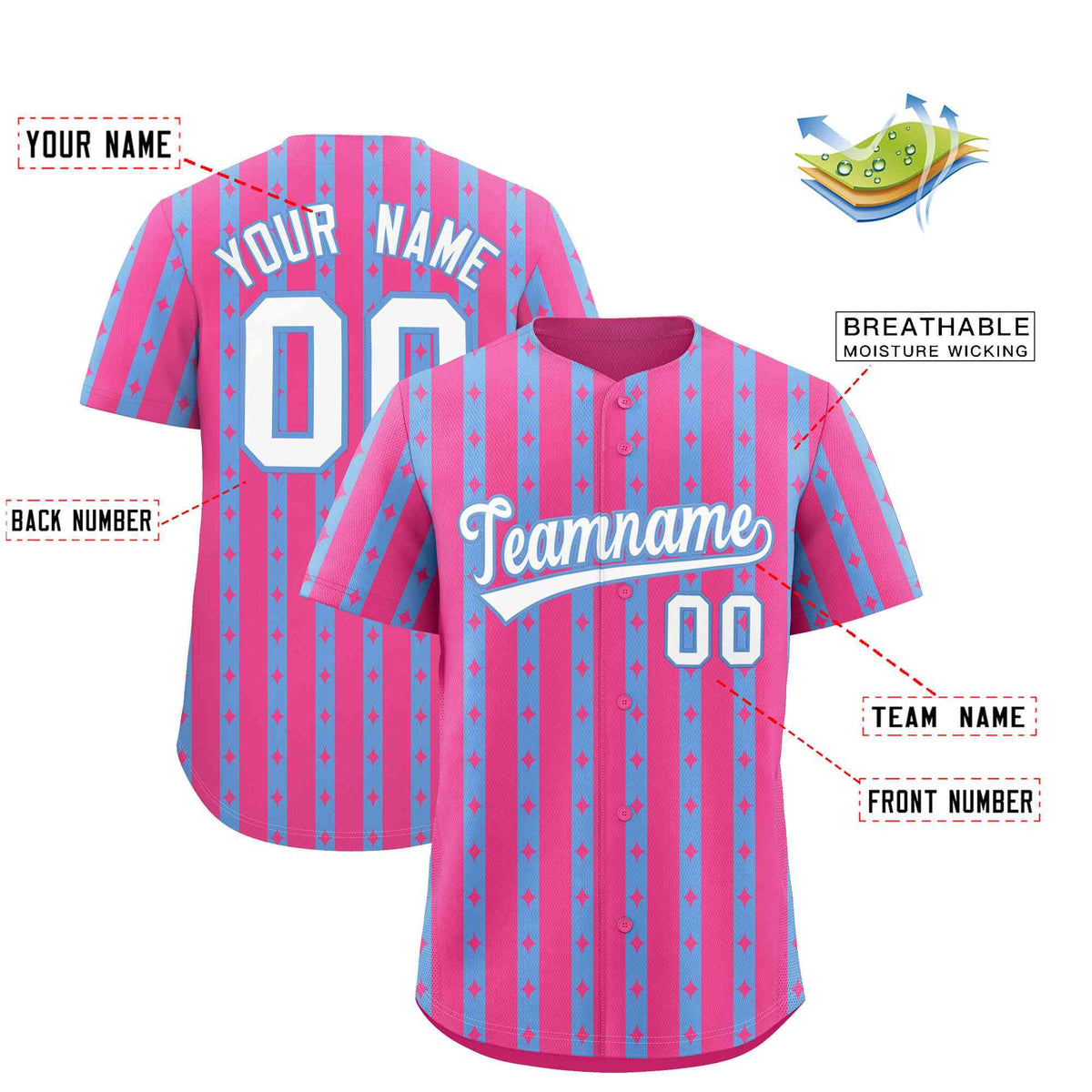 Custom Pink Light Blue Star Pattern Thick Stripes Baseball Jersey| KXKSHOP
