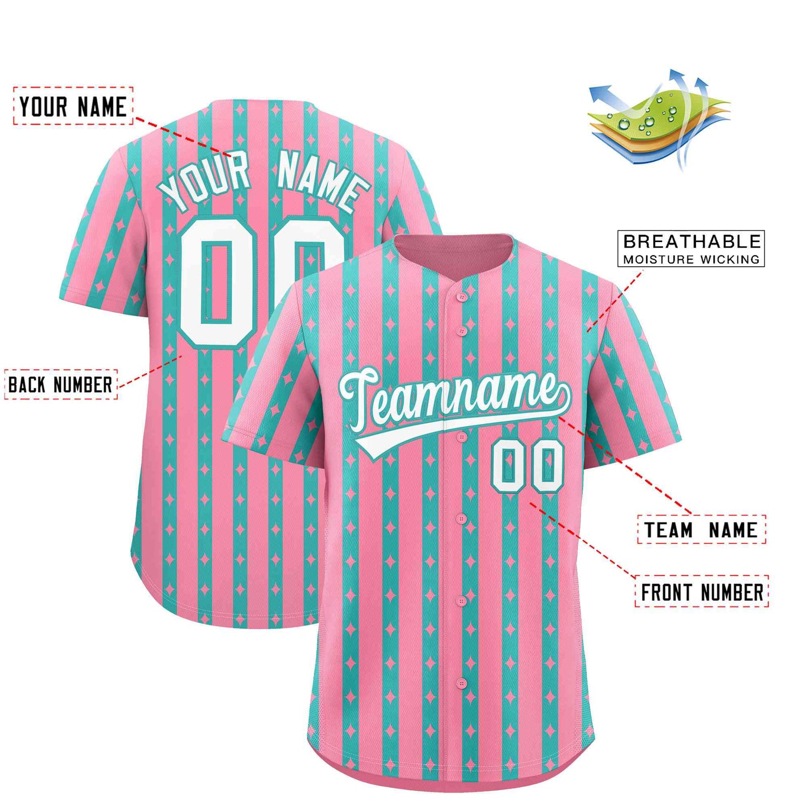 Custom Light Pink Teal Star Pattern Thick Stripes Baseball Jersey| KXKSHOP