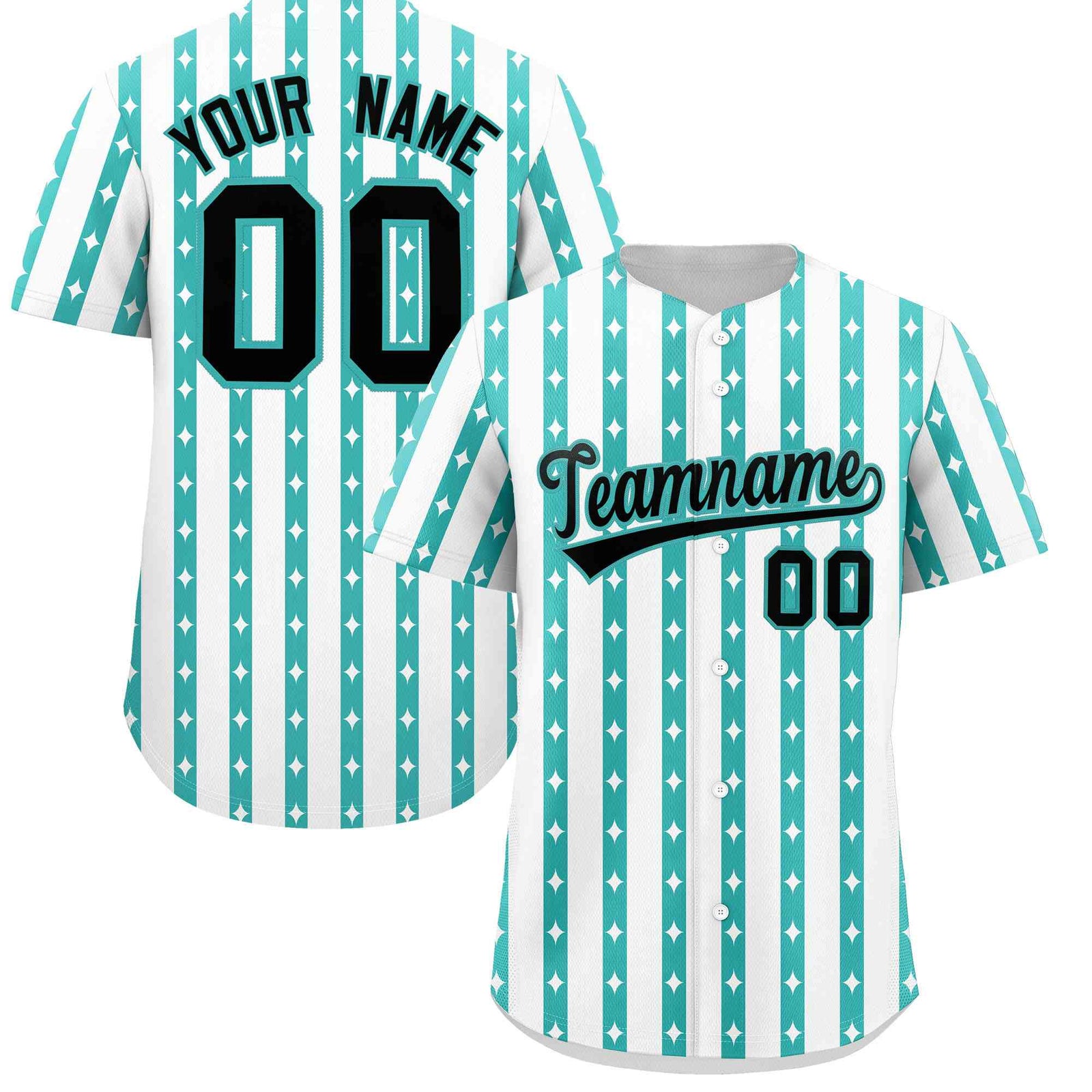 Custom White Teal Star Pattern Thick Stripes Baseball Jersey| KXKSHOP