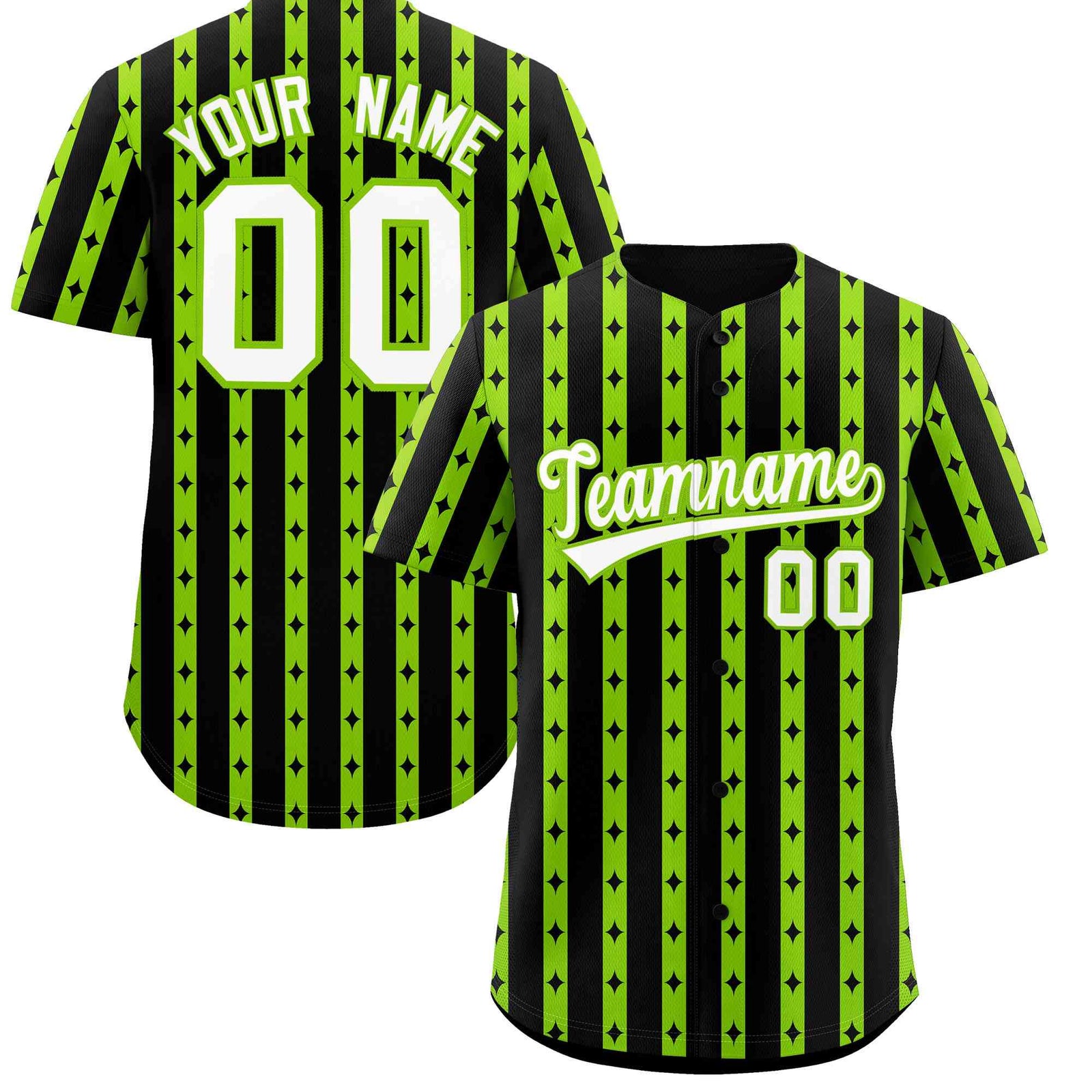 Custom Black Neon Green Star Pattern Thick Stripes Baseball Jersey| KXKSHOP