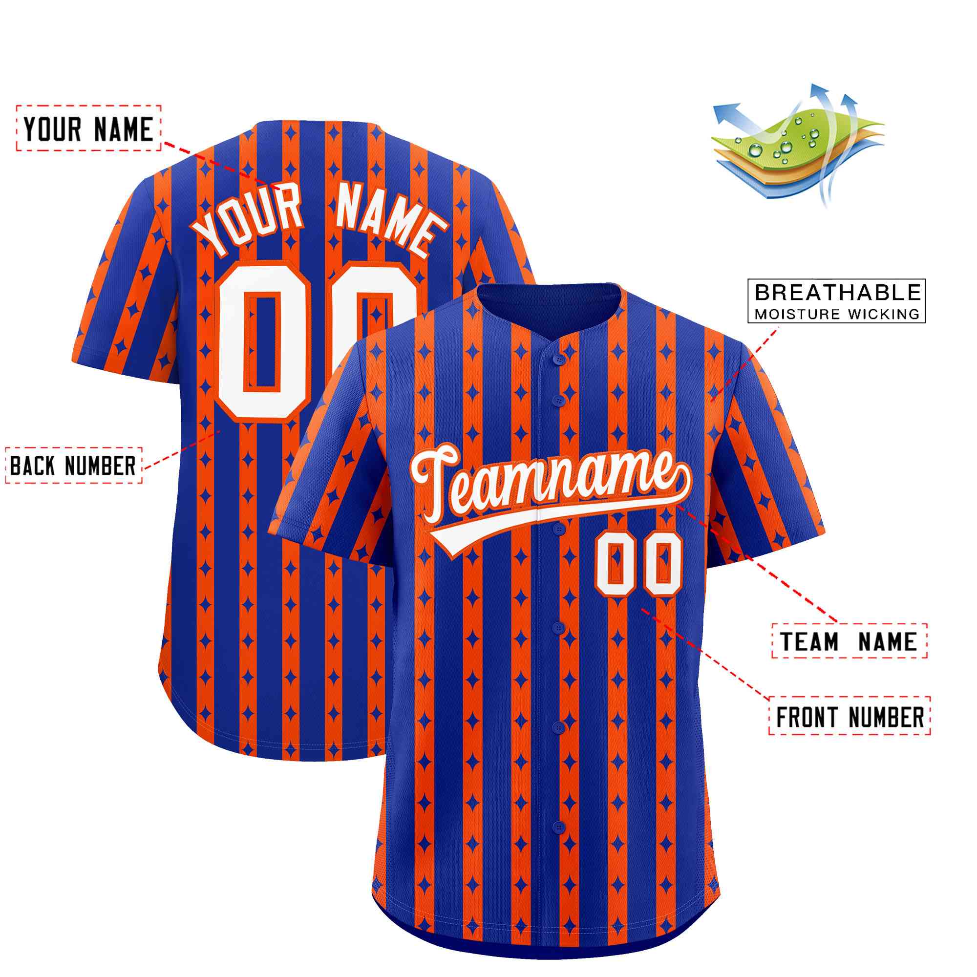 Custom Royal Blue Orange Star Pattern Thick Stripes Baseball Jersey| KXKSHOP