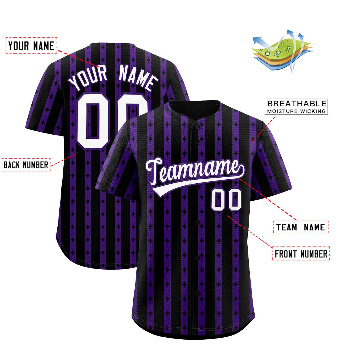 Custom Black Purple Star Pattern Thick Stripes Baseball Jersey| KXKSHOP