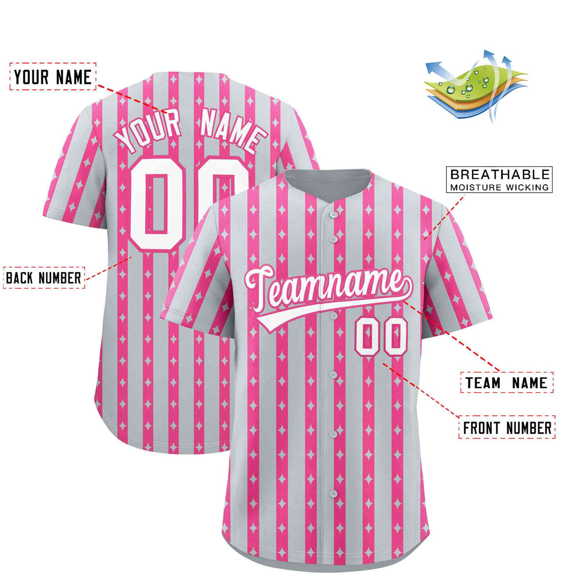 Custom Silver Pink Star Pattern Thick Stripes Baseball Jersey| KXKSHOP