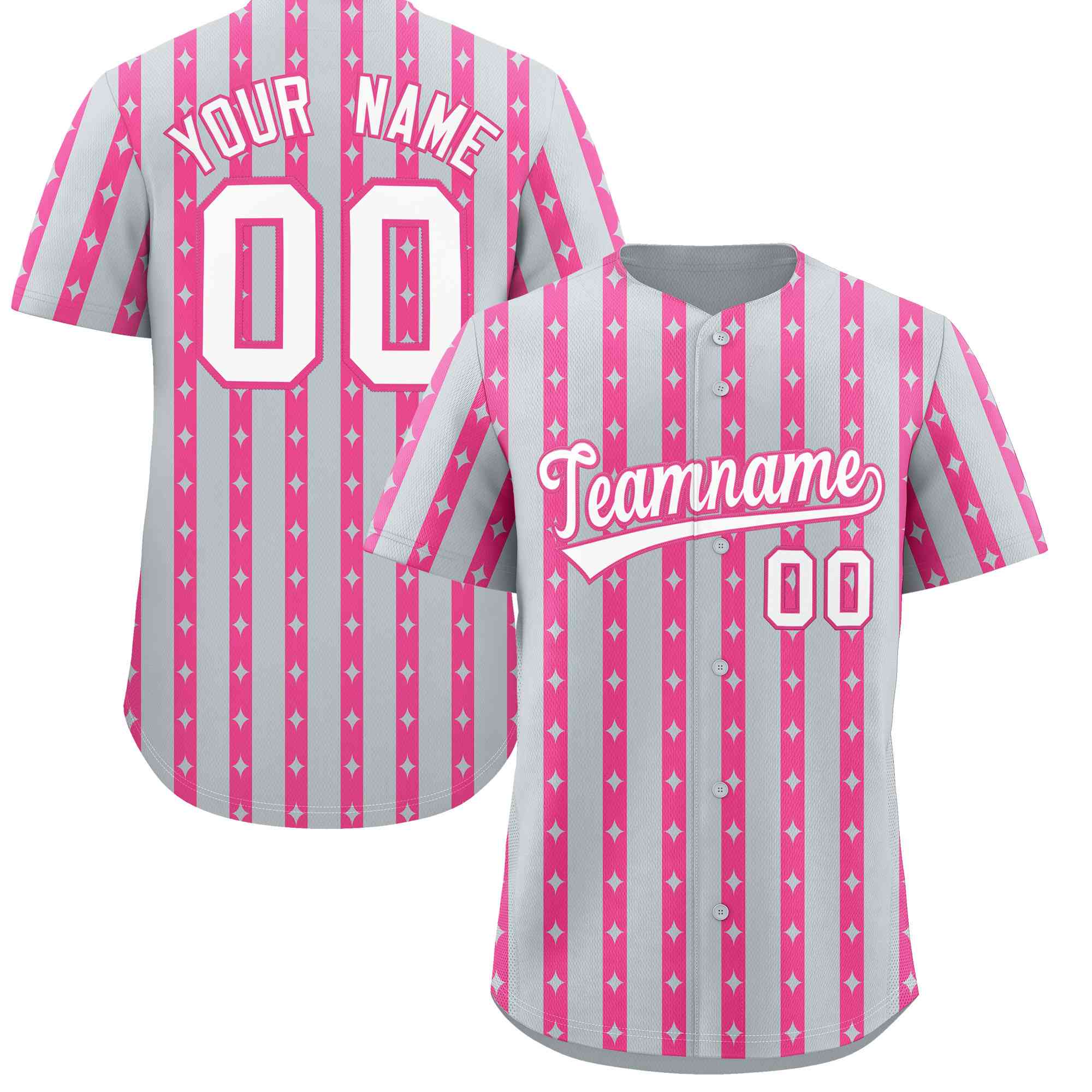 Custom Silver Pink Star Pattern Thick Stripes Baseball Jersey| KXKSHOP