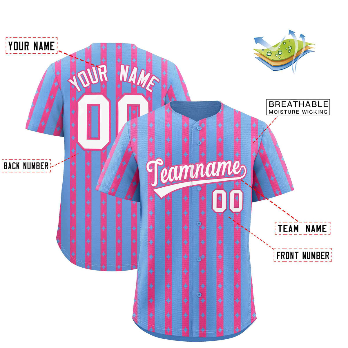 Custom Light Blue Pink Star Pattern Thick Stripes Baseball Jersey| KXKSHOP