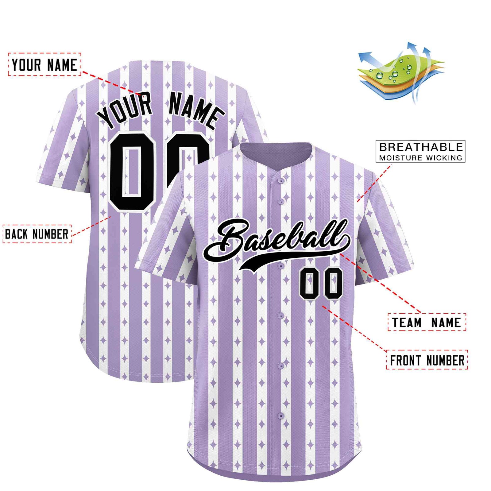 Custom Light Purple White Star Pattern Thick Stripes Baseball Jersey