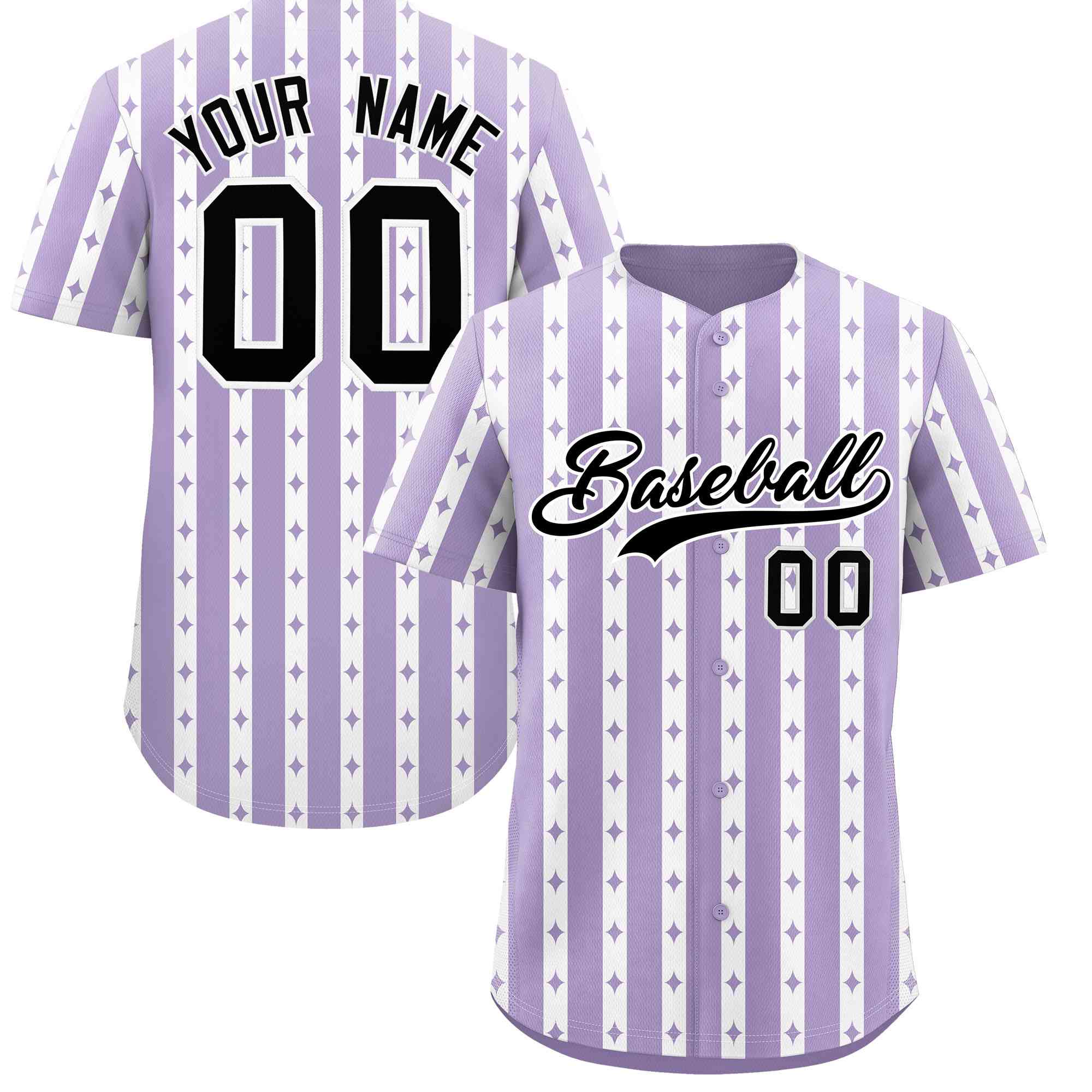 Custom Light Purple White Star Pattern Thick Stripes Baseball Jersey