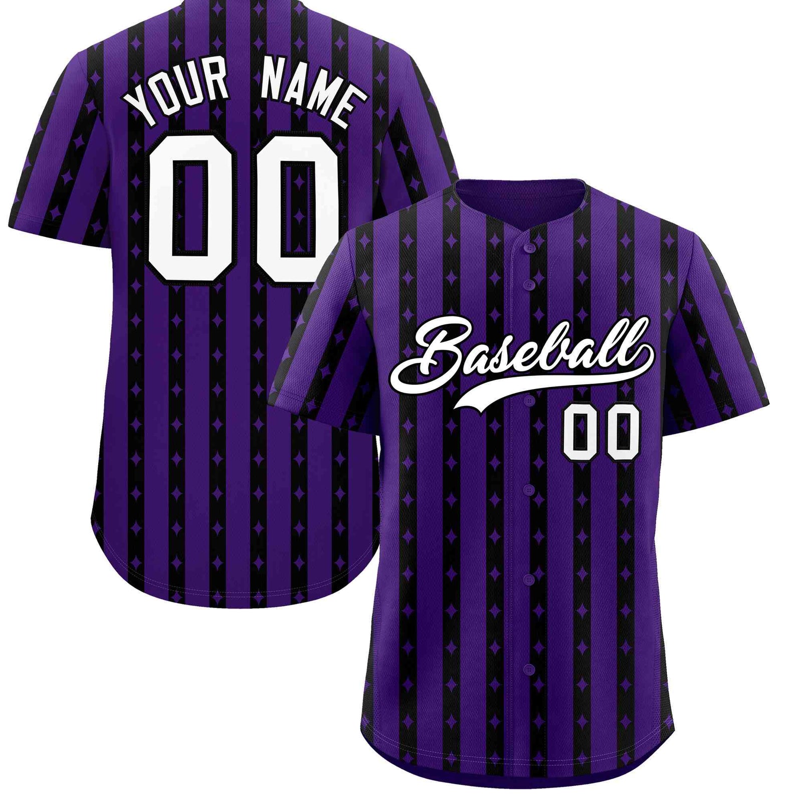 Custom Purple Black Star Pattern Thick Stripes Baseball Jersey