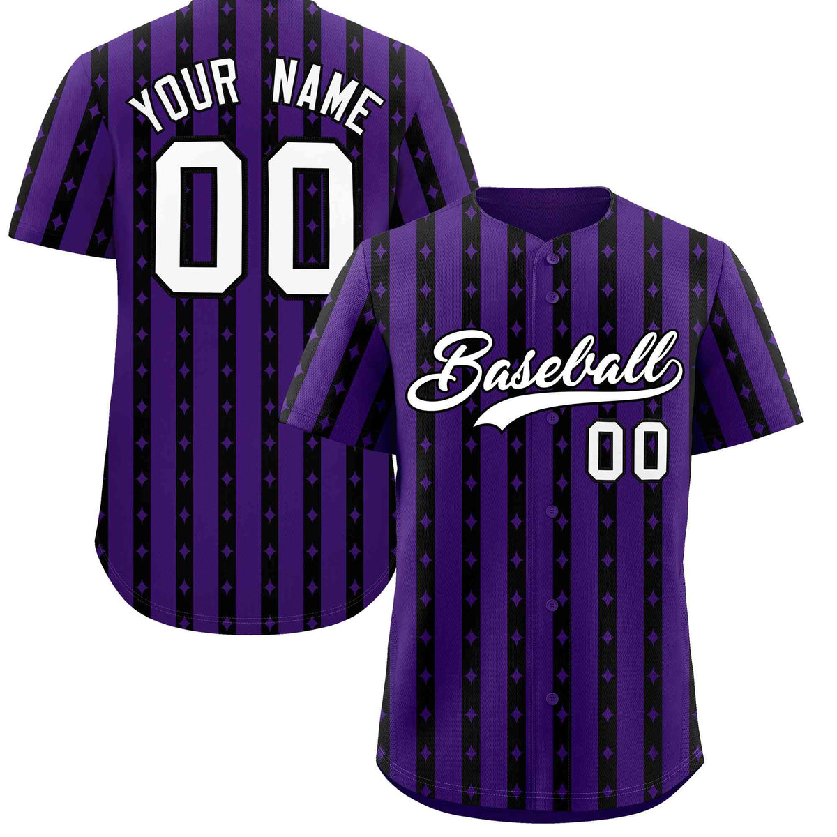 Custom Purple Black Star Pattern Thick Stripes Baseball Jersey
