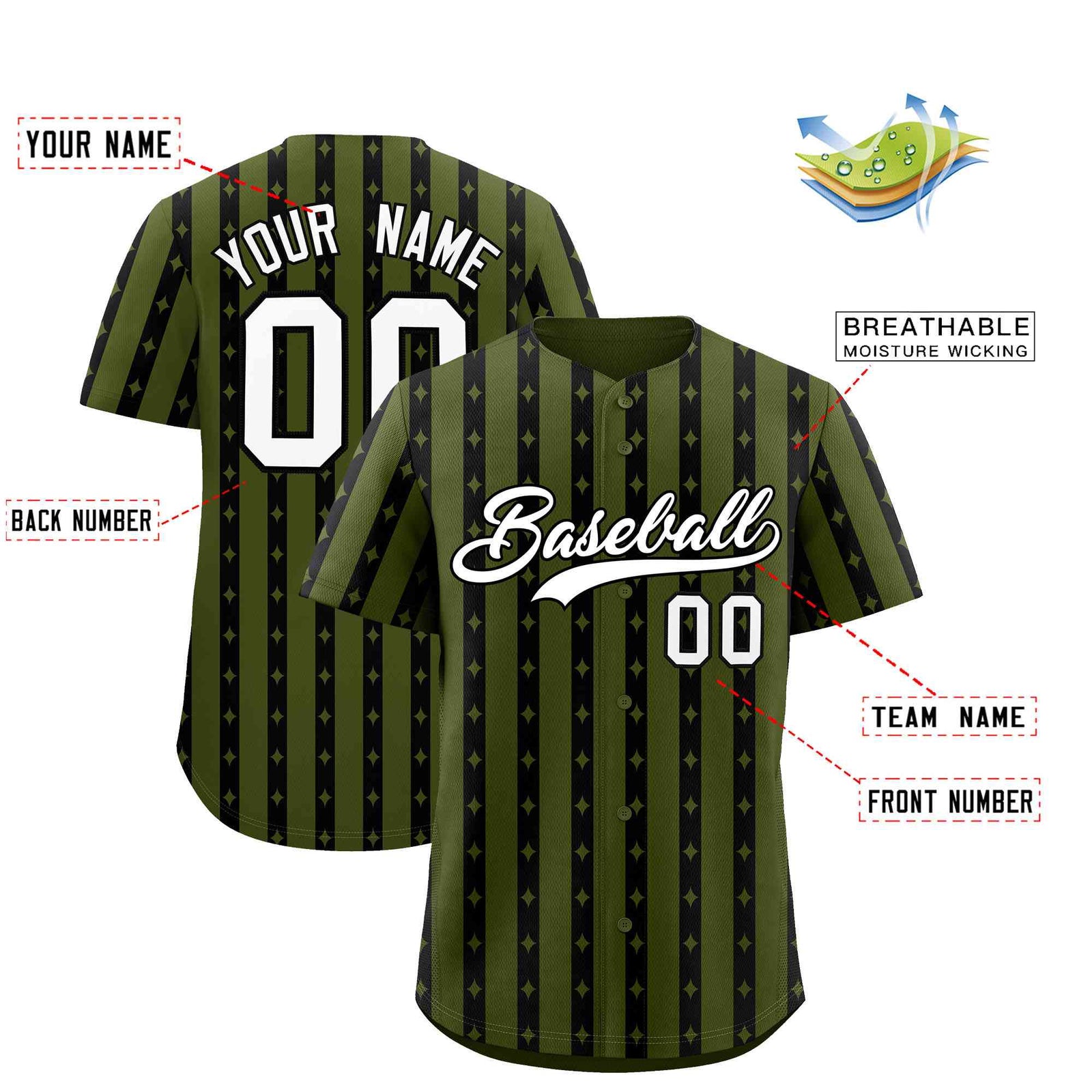 Custom Olive Black Star Pattern Thick Stripes Baseball Jersey