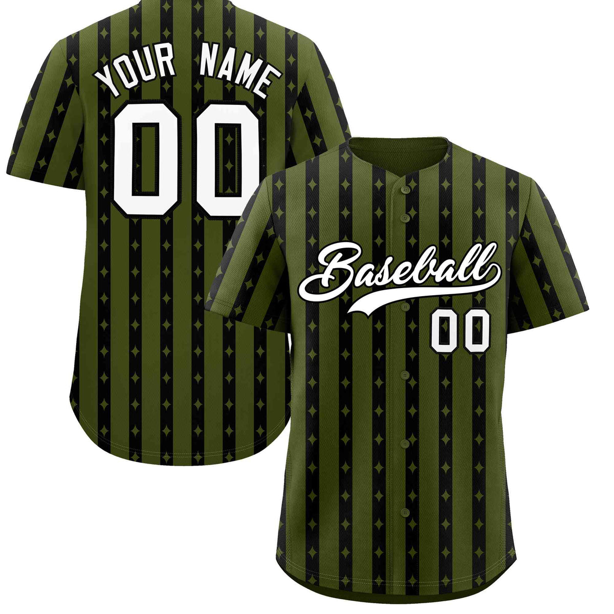 Custom Olive Black Star Pattern Thick Stripes Baseball Jersey