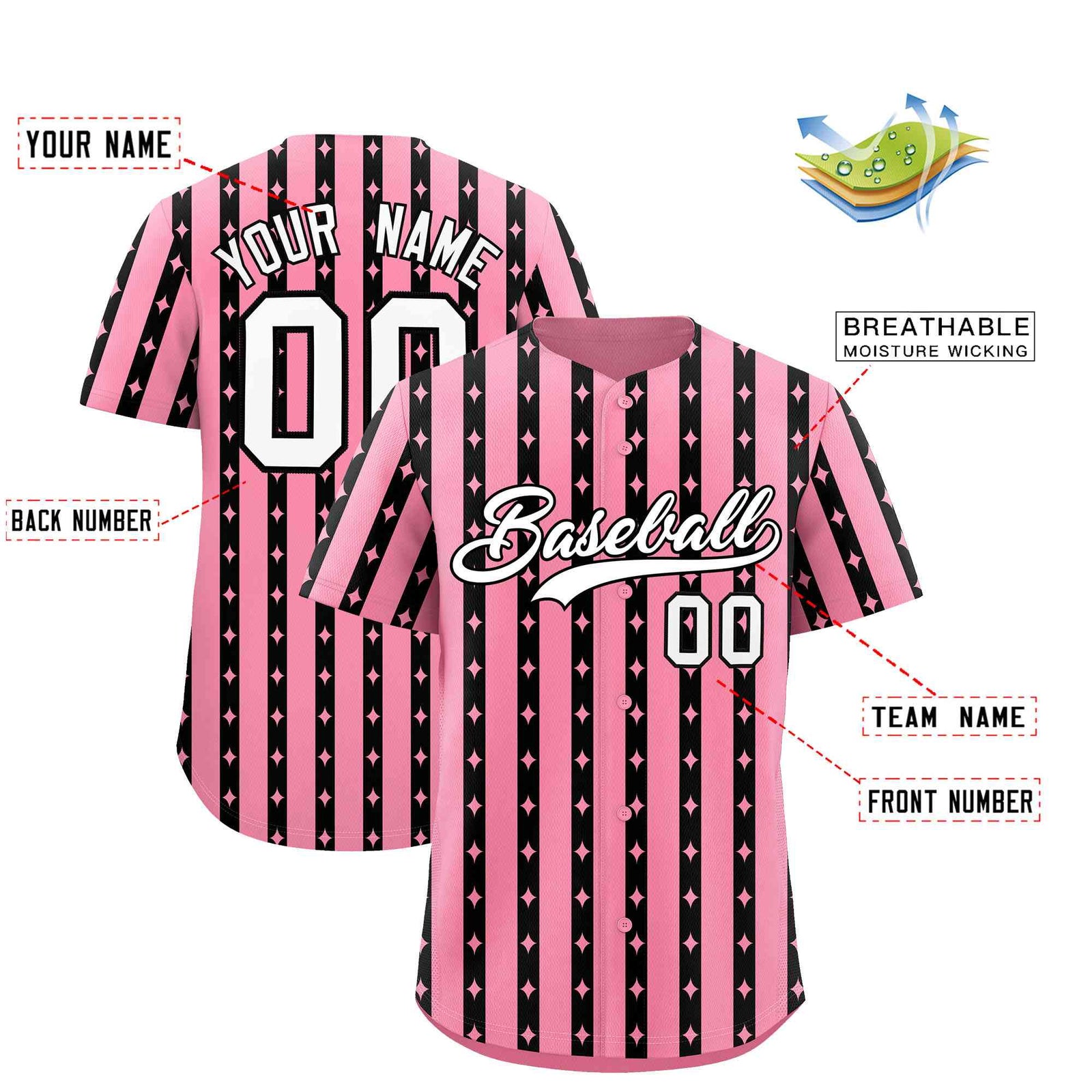 Custom Light Pink Black Star Pattern Thick Stripes Baseball Jersey
