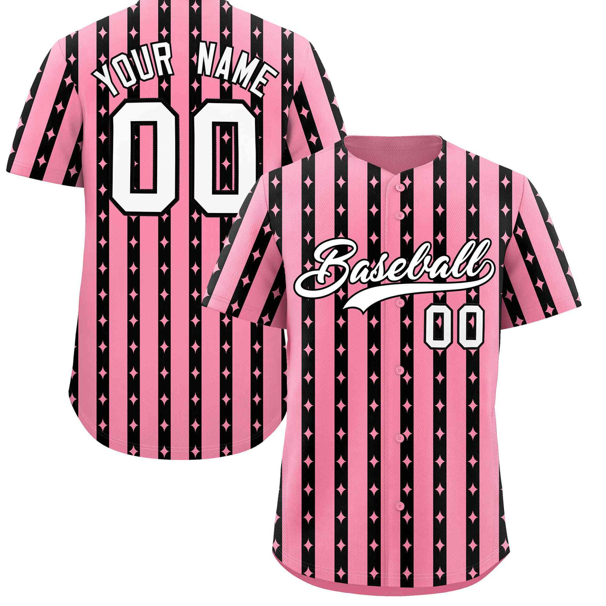 Custom Light Pink Black Star Pattern Thick Stripes Baseball Jersey