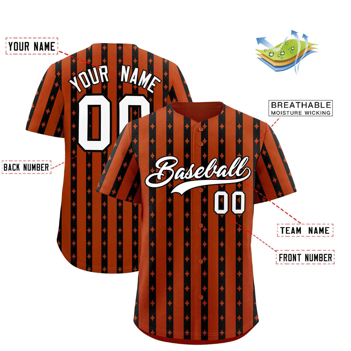 Custom Dark Orange Black Star Pattern Thick Stripes Baseball Jersey
