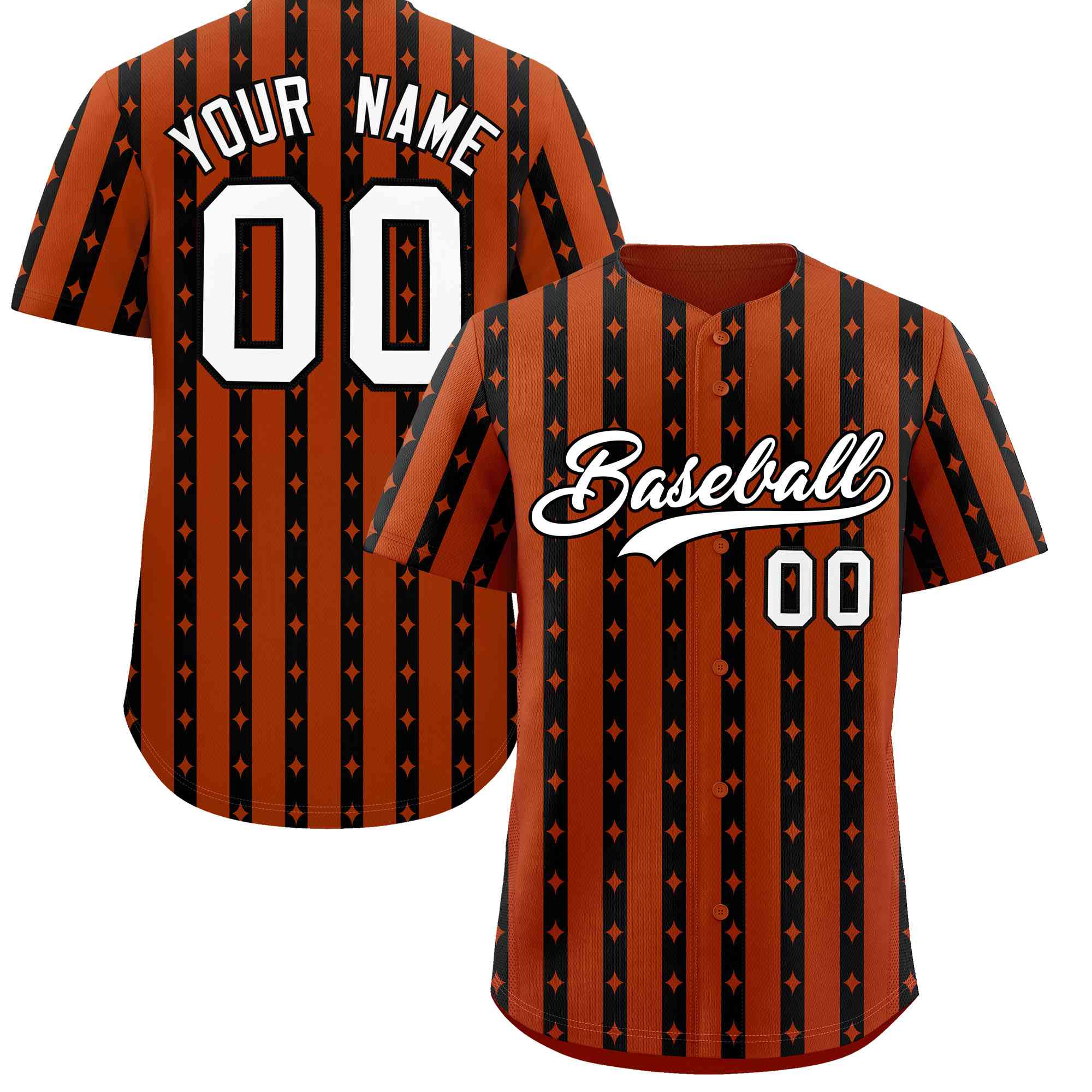 Custom Dark Orange Black Star Pattern Thick Stripes Baseball Jersey