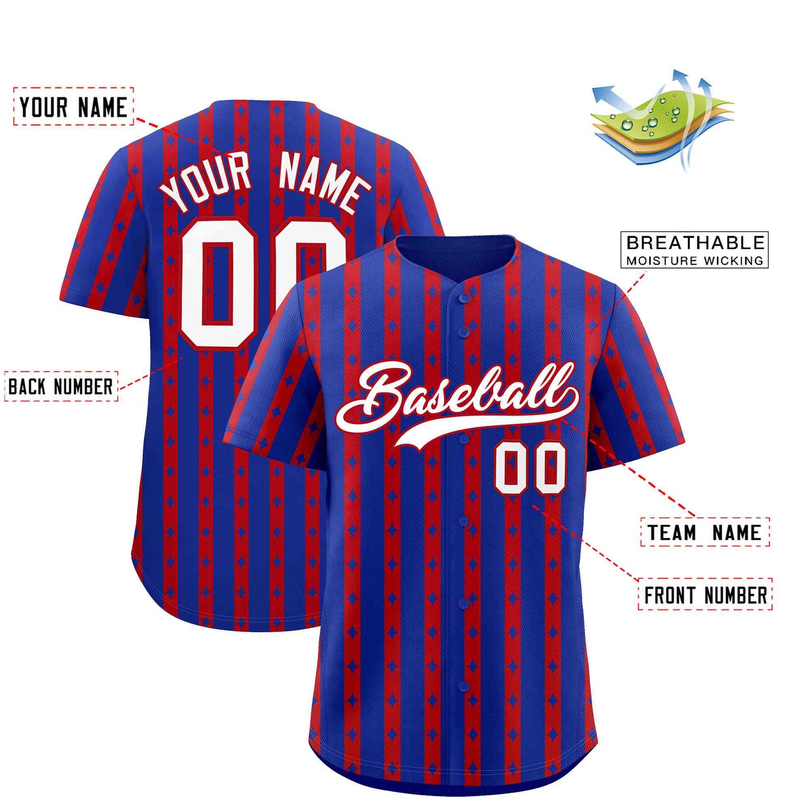 Custom Royal Blue Red Star Pattern Thick Stripes Baseball Jersey