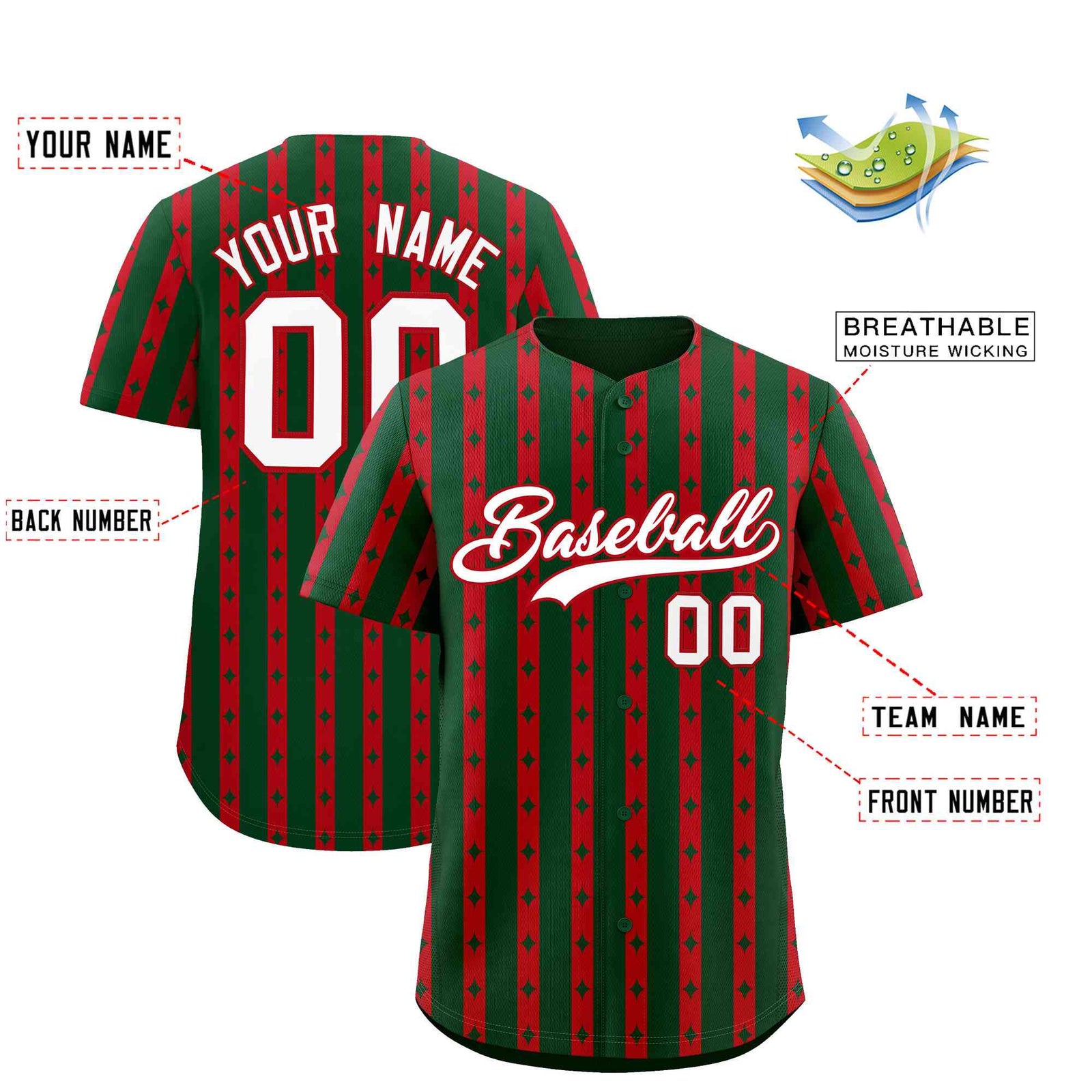Custom Green Red Star Pattern Thick Stripes Baseball Jersey