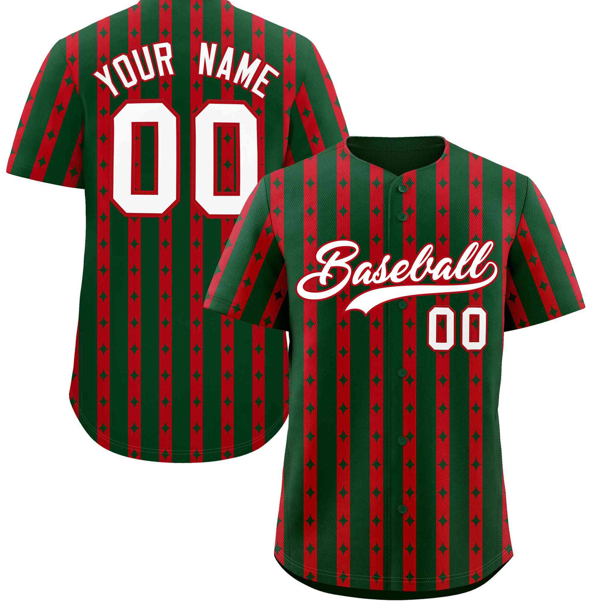 Custom Green Red Star Pattern Thick Stripes Baseball Jersey