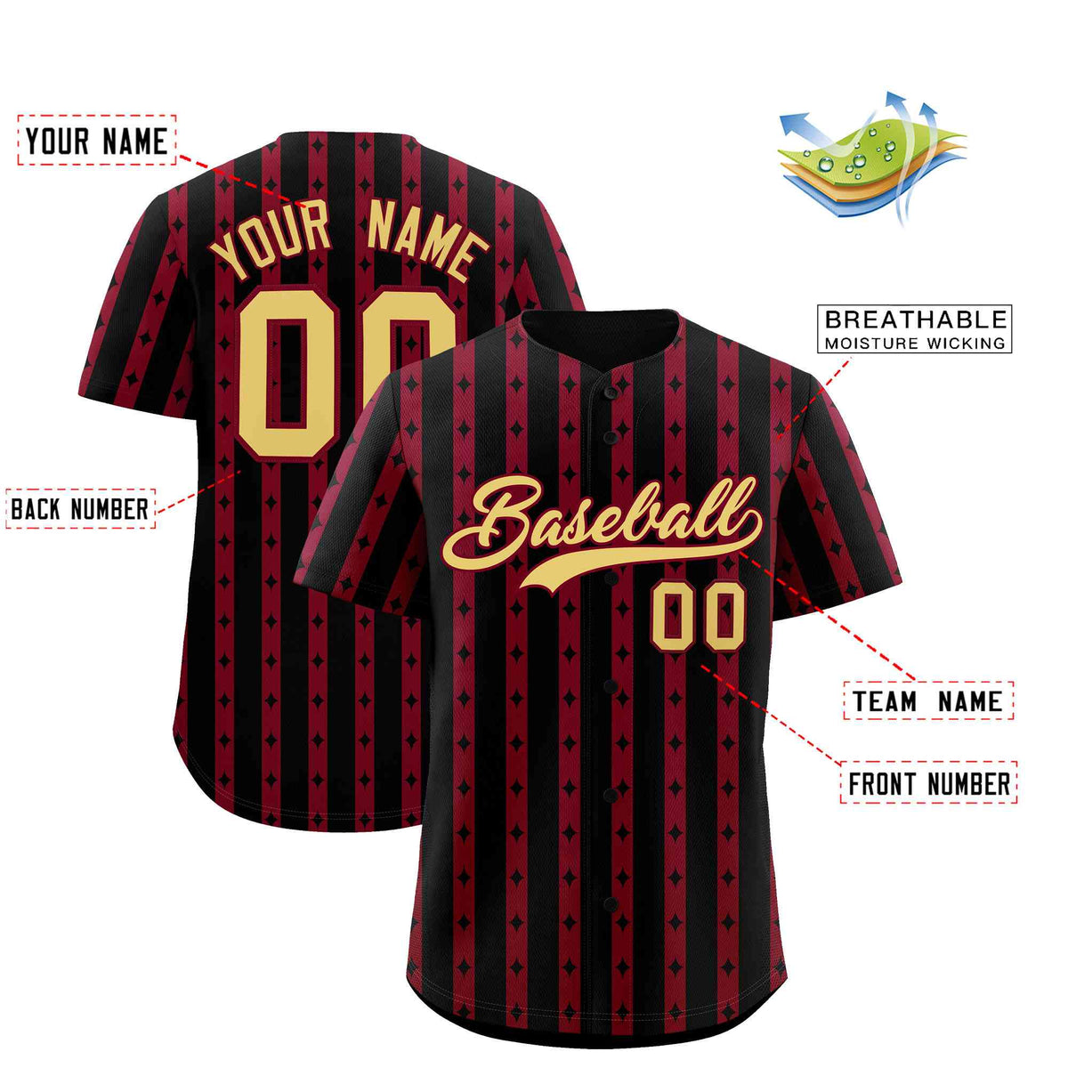 Custom Black Crimson Star Pattern Thick Stripes Baseball Jersey