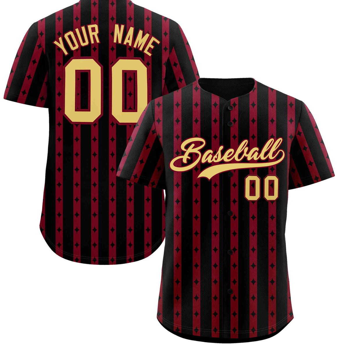 Custom Black Crimson Star Pattern Thick Stripes Baseball Jersey