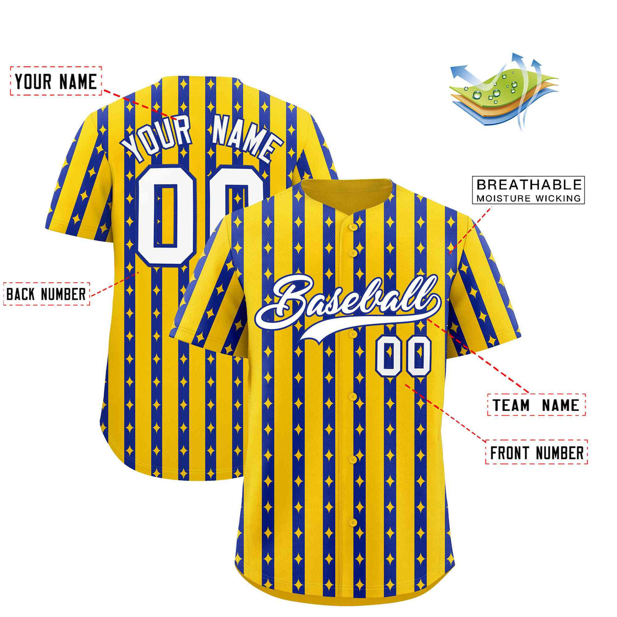 Custom Gold Royal Blue Star Pattern Thick Stripes Baseball Jersey