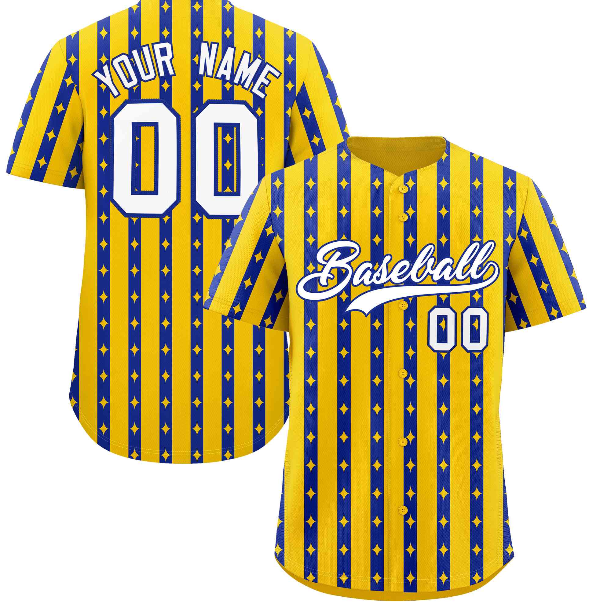 Custom Gold Royal Blue Star Pattern Thick Stripes Baseball Jersey