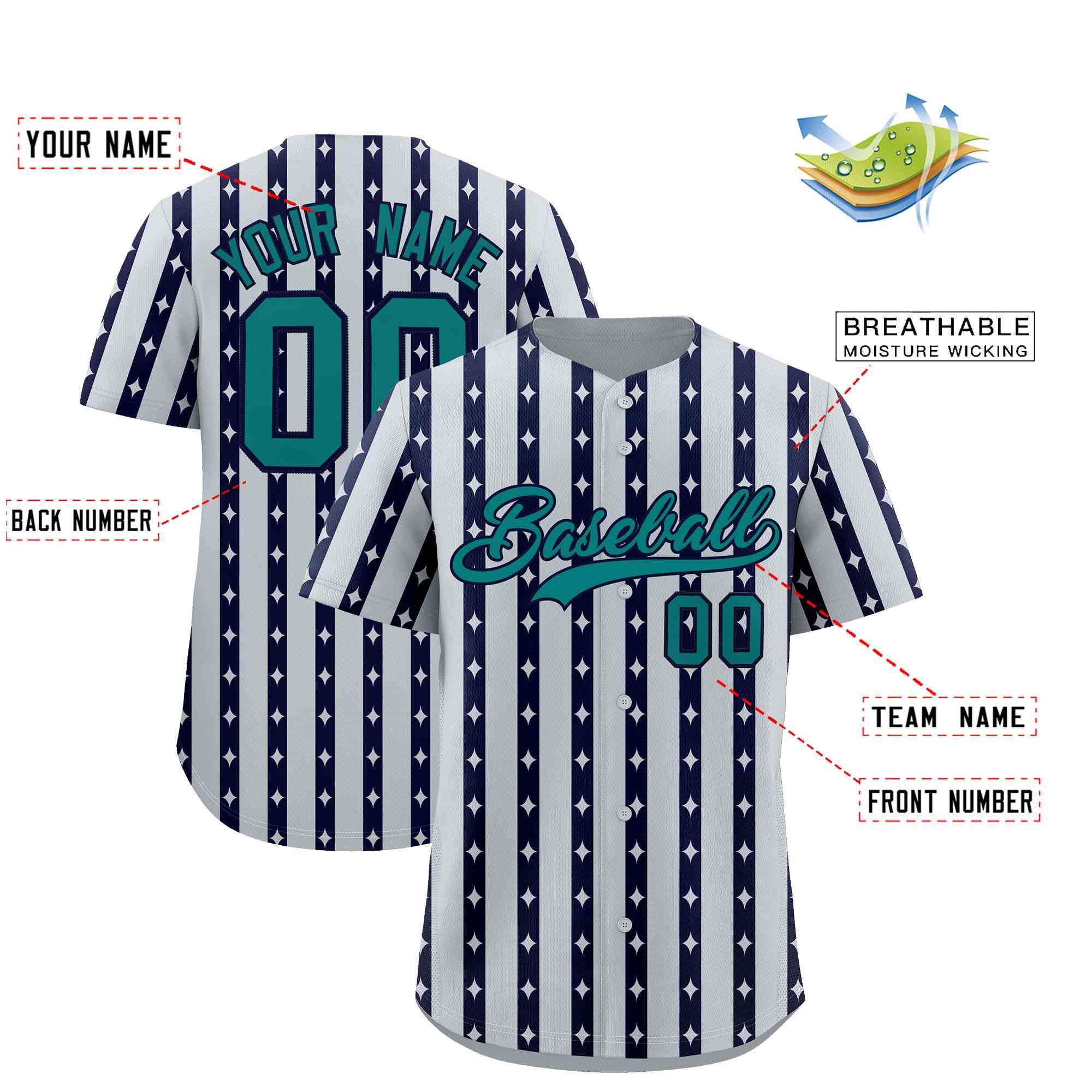 Custom Silver Navy Star Pattern Thick Stripes Baseball Jersey