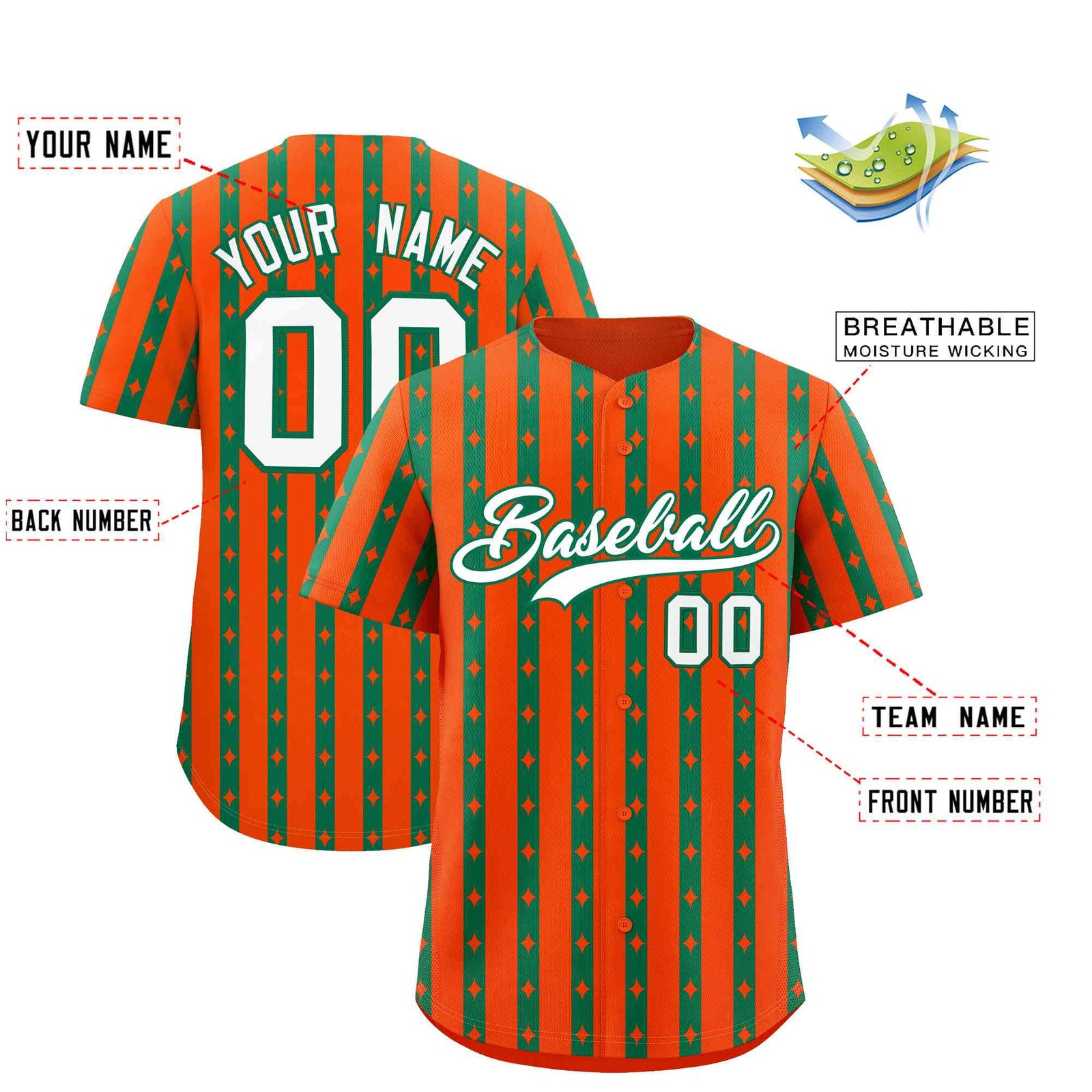 Custom Orange Kelly Green Star Pattern Thick Stripes Baseball Jersey