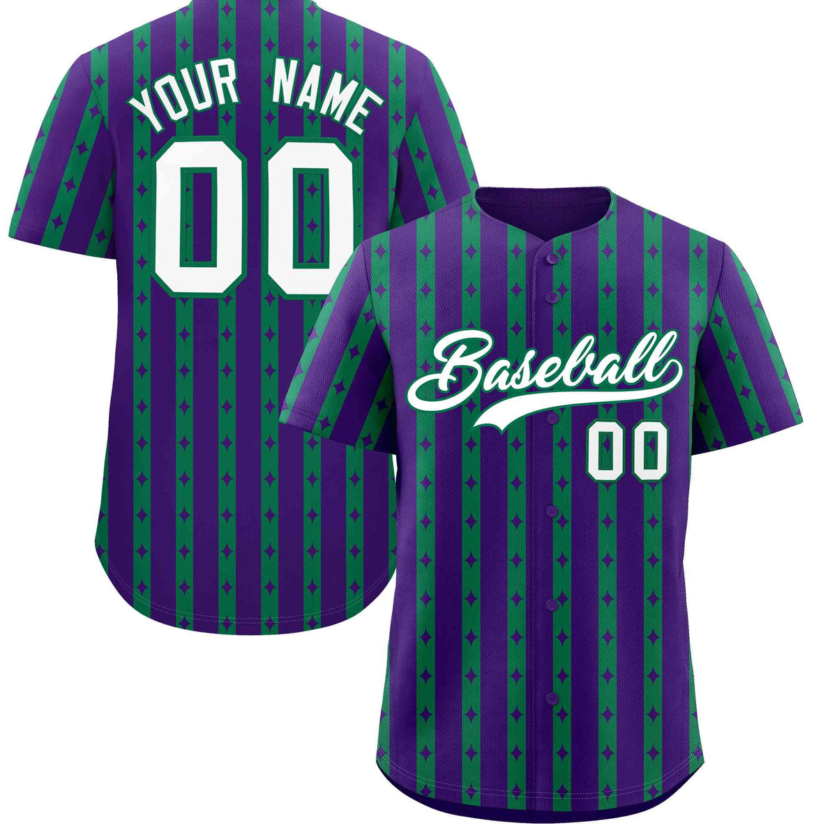Custom Purple Kelly Green Star Pattern Thick Stripes Baseball Jersey