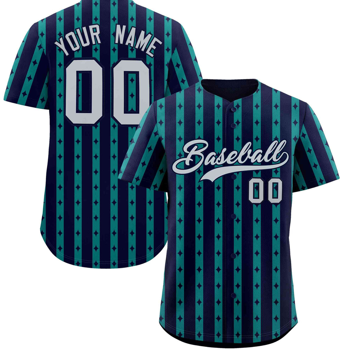 Custom Navy Teal Star Pattern Thick Stripes Baseball Jersey