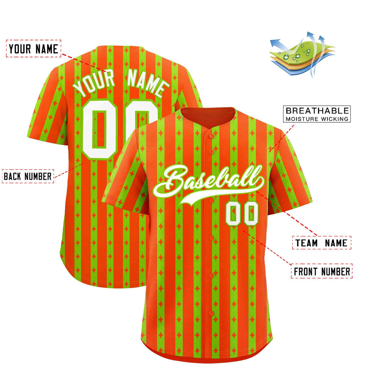 Custom Orange Neon Green Star Pattern Thick Stripes Baseball Jersey
